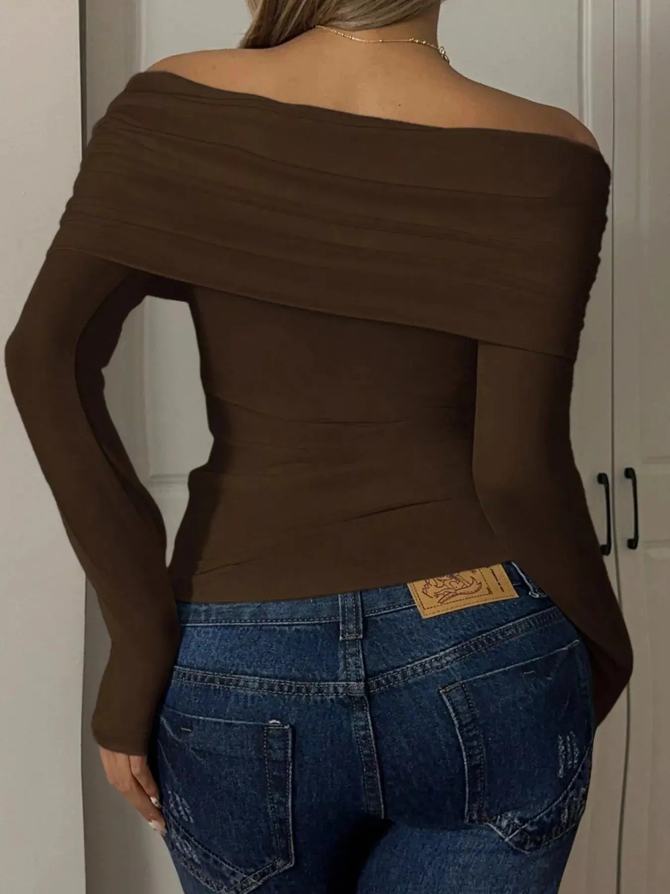 Off Shoulder Ruched Long Sleeve Top 100 Percent Polyester Trendsi