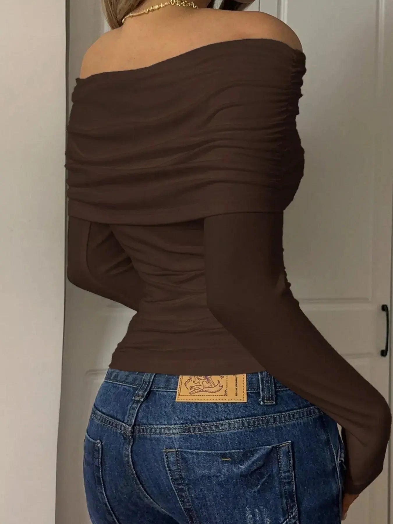 Off Shoulder Ruched Long Sleeve Top 100 Percent Polyester Trendsi