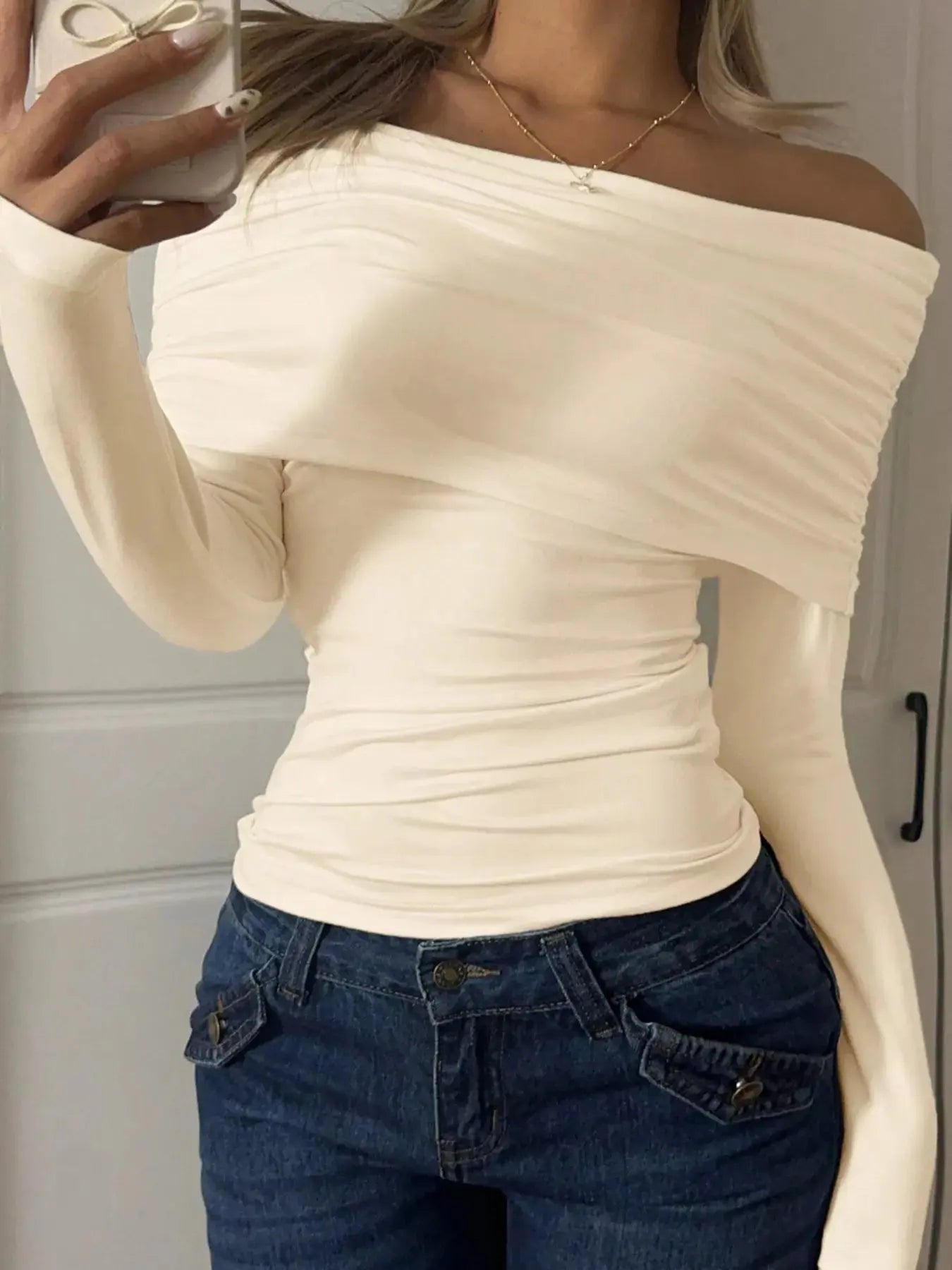Off Shoulder Ruched Long Sleeve Top 100 Percent Polyester Trendsi