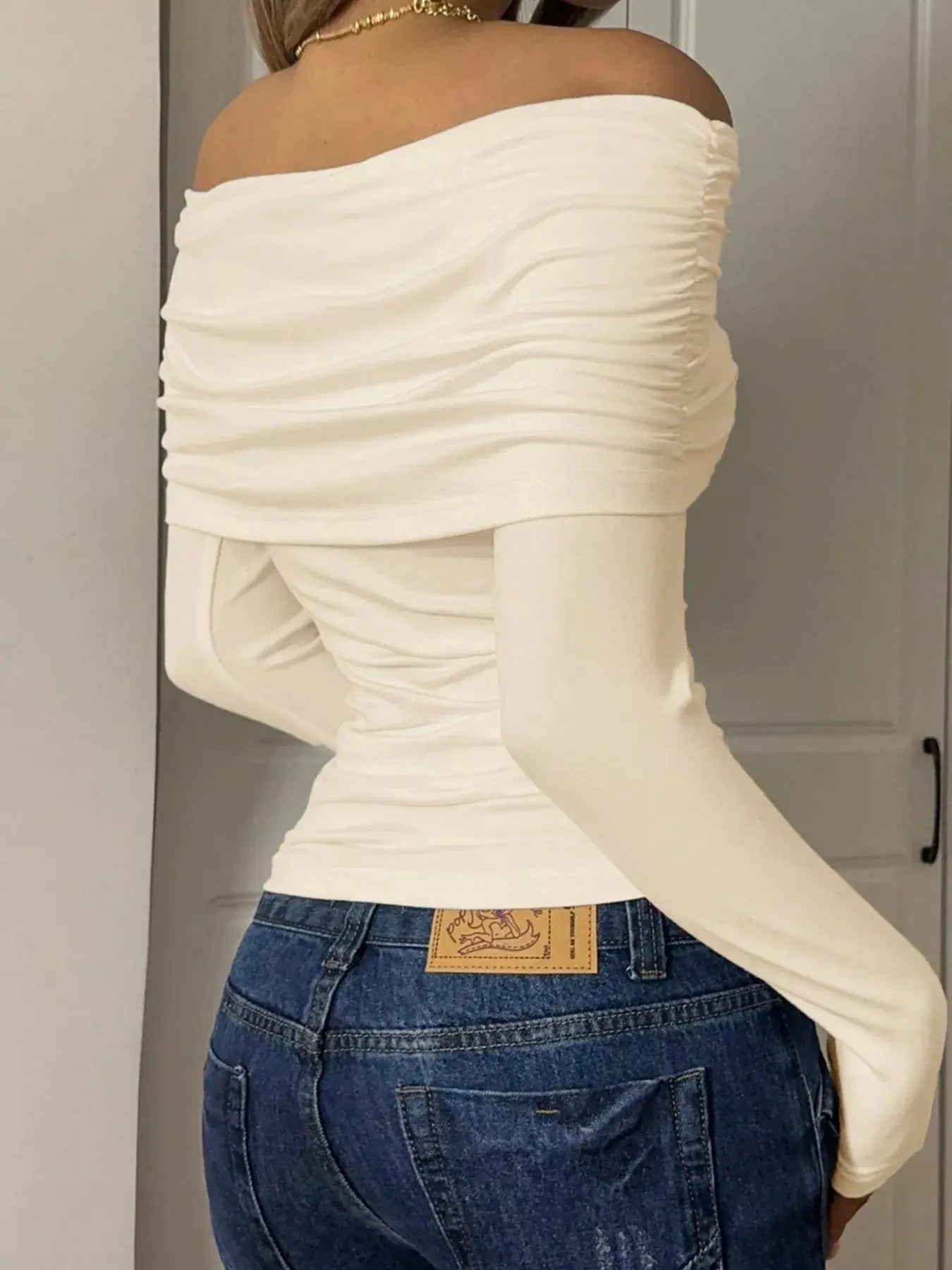 Off Shoulder Ruched Long Sleeve Top 100 Percent Polyester Trendsi