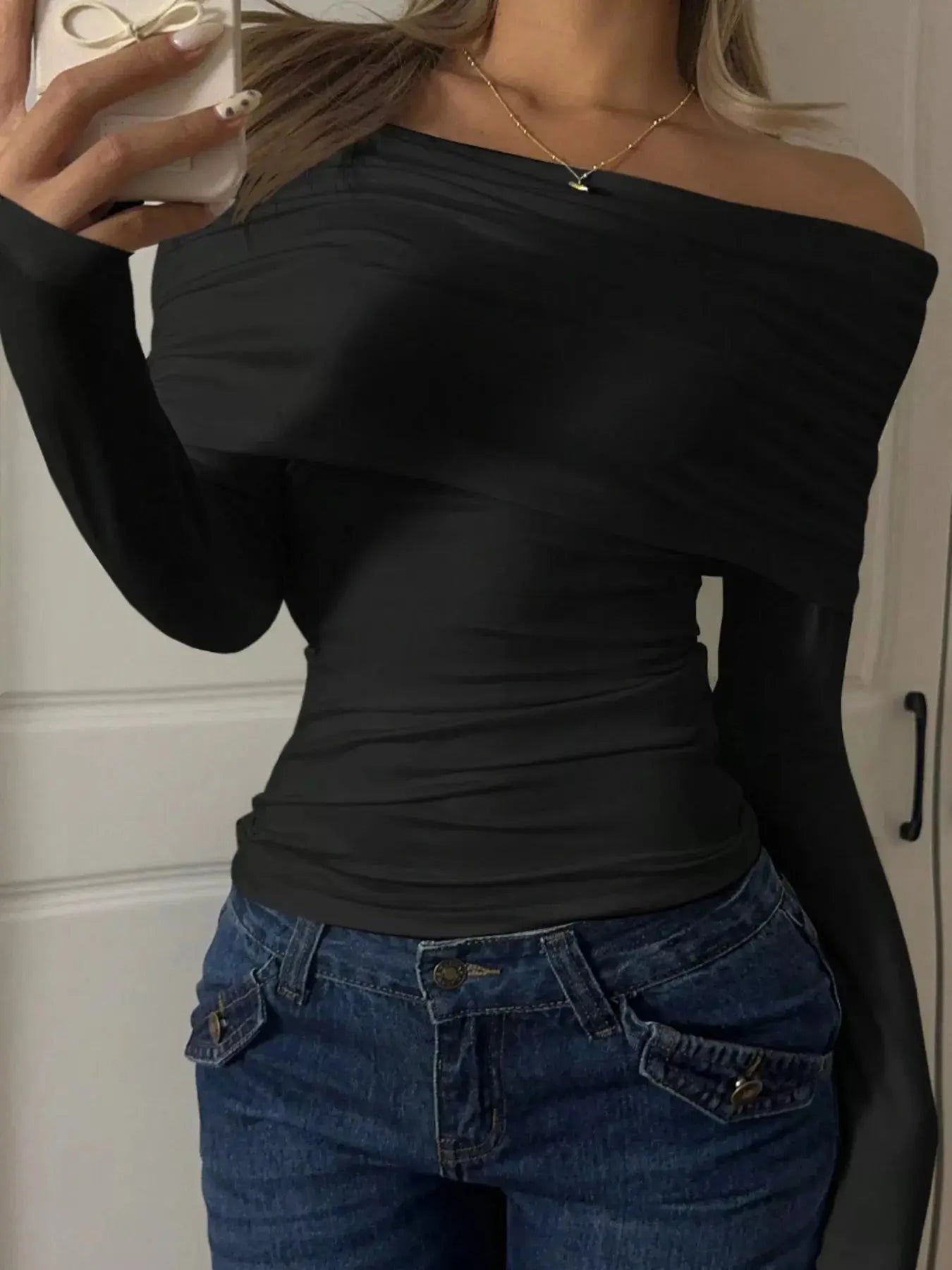 Off Shoulder Ruched Long Sleeve Top 100 Percent Polyester Trendsi
