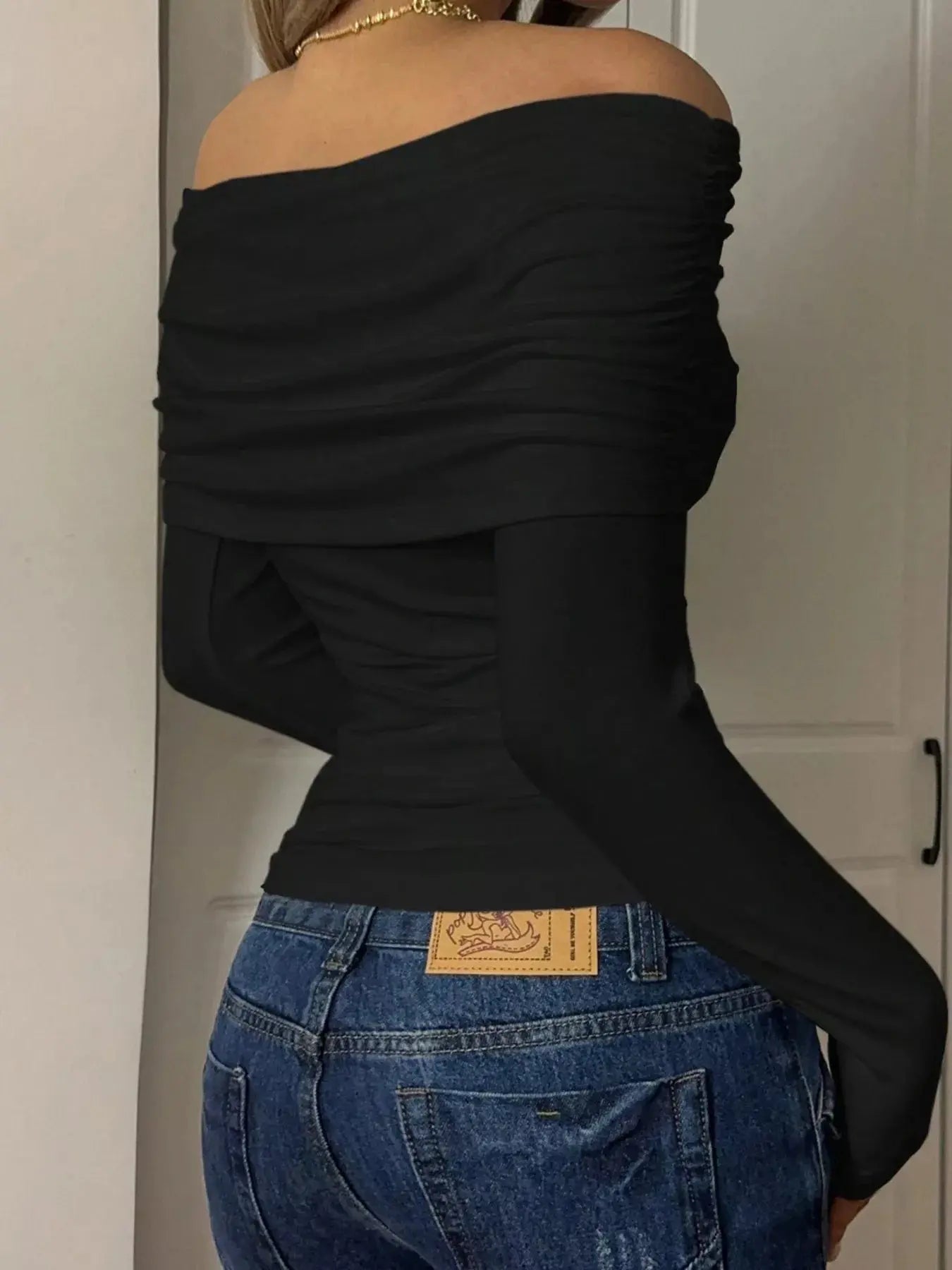 Off Shoulder Ruched Long Sleeve Top 100 Percent Polyester Trendsi