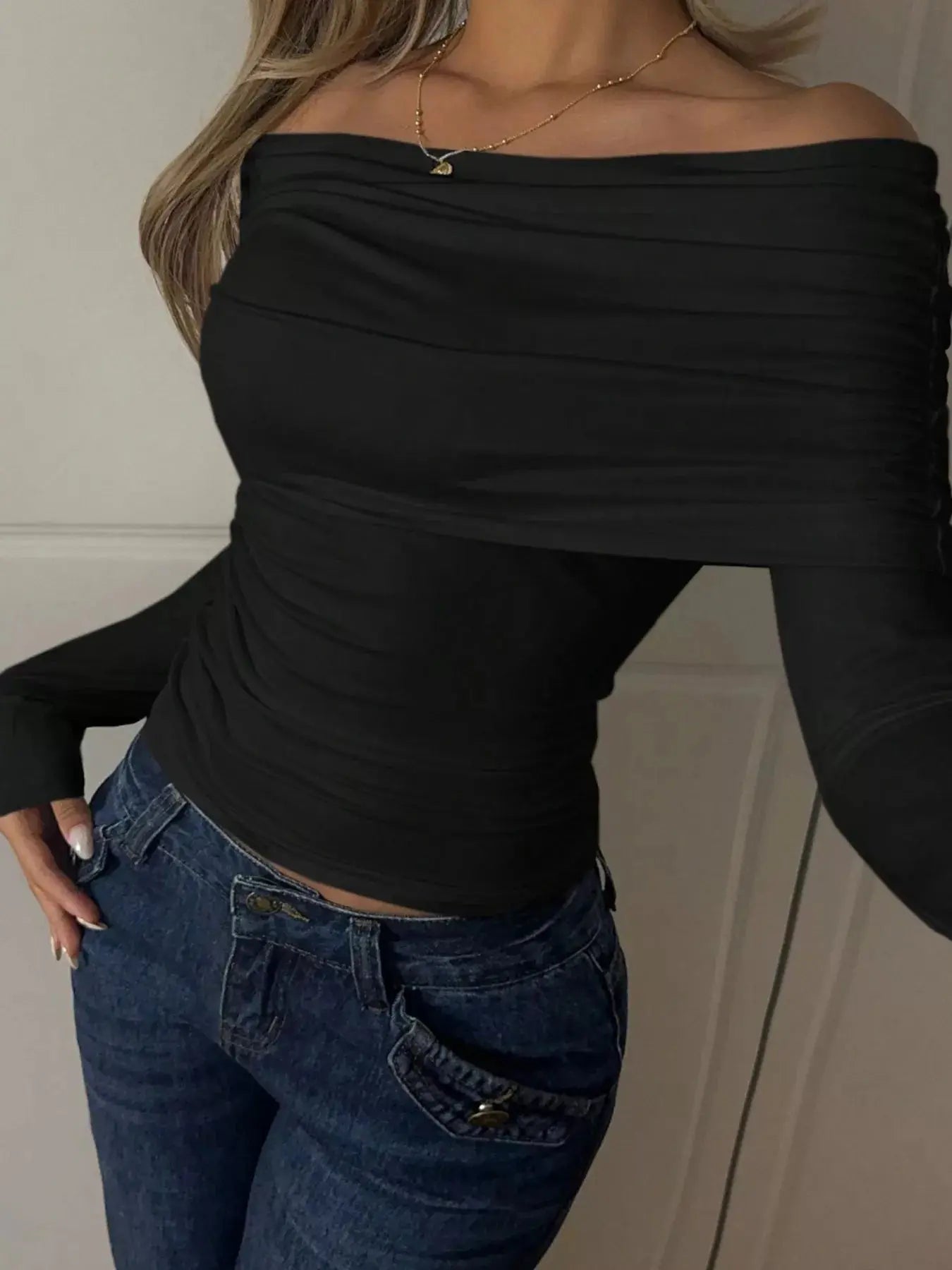 Off Shoulder Ruched Long Sleeve Top 100 Percent Polyester Trendsi