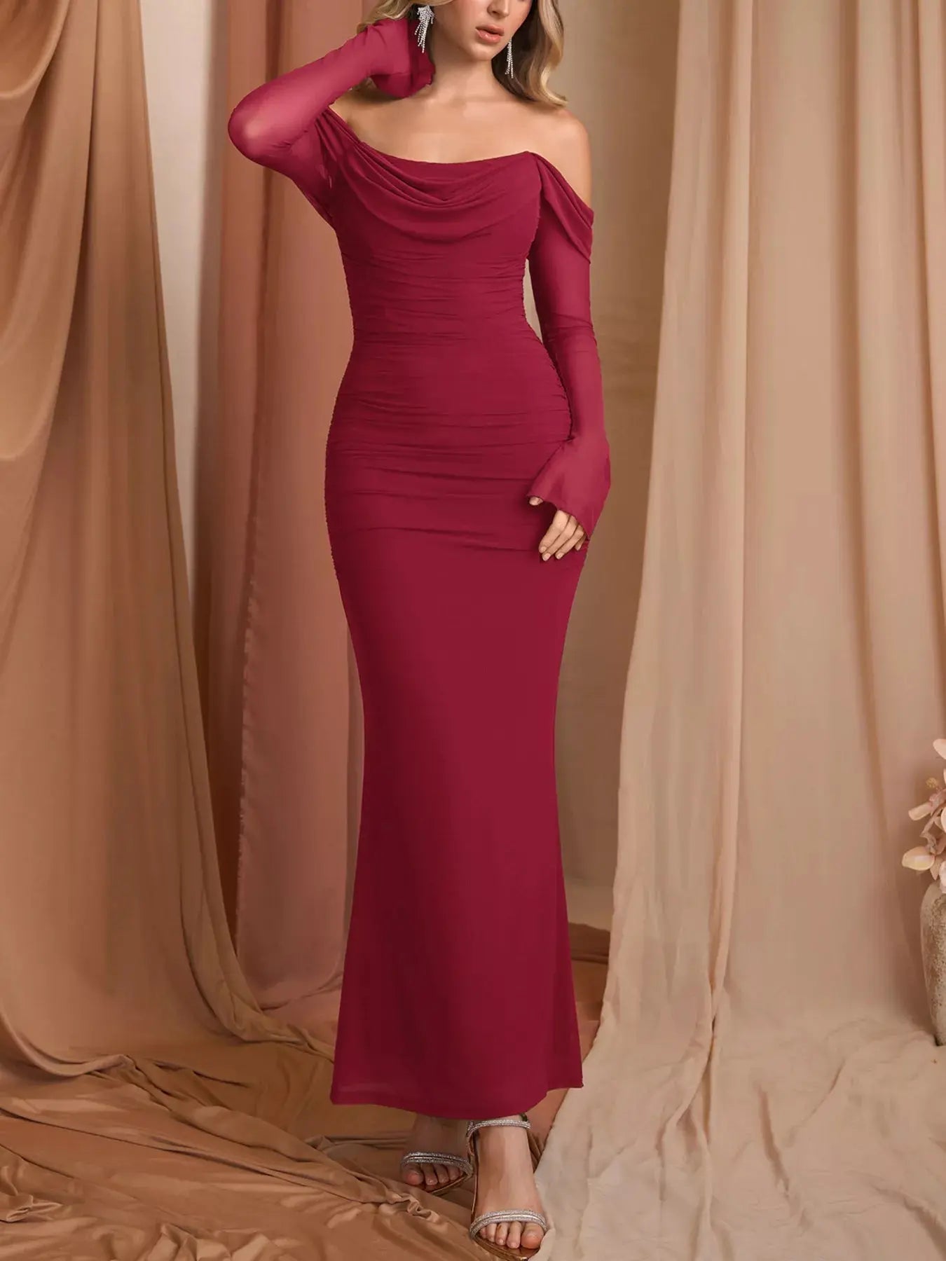 Off Shoulder Ruched Mermaid Maxi Dress Lined With Zipper Trendsi
