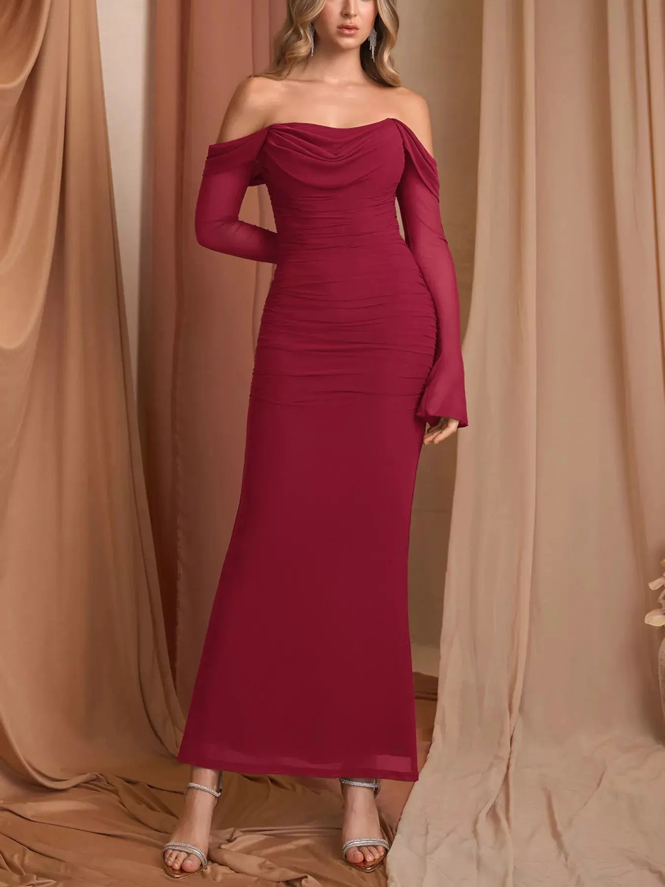 Off Shoulder Ruched Mermaid Maxi Dress Lined With Zipper Trendsi