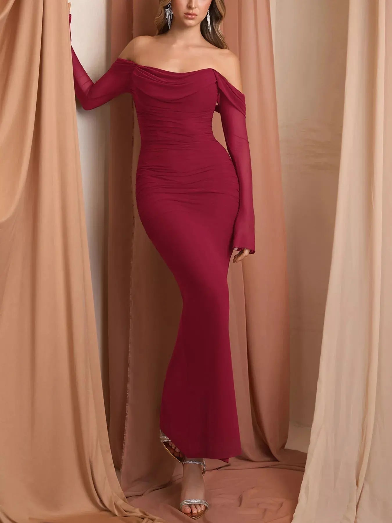 Off Shoulder Ruched Mermaid Maxi Dress Lined With Zipper Trendsi