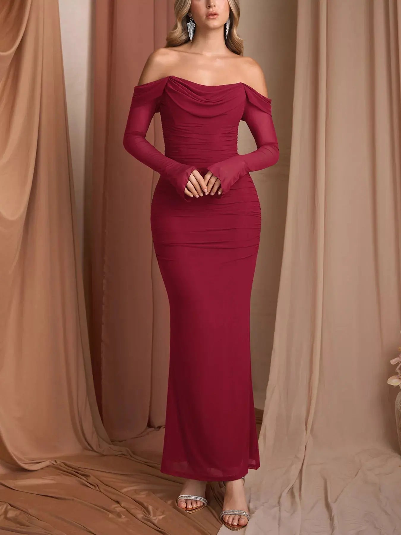 Off Shoulder Ruched Mermaid Maxi Dress Lined With Zipper Trendsi