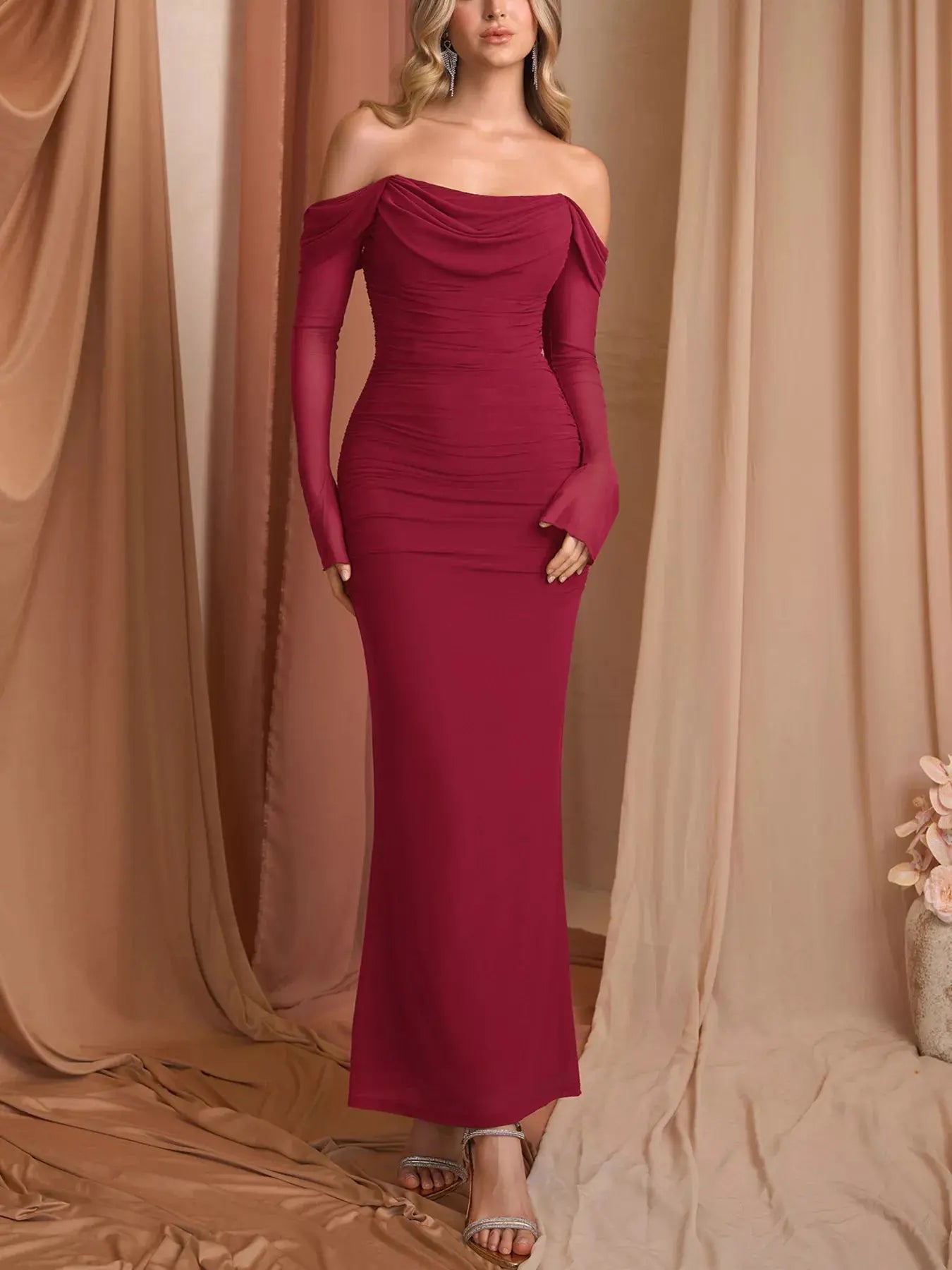Off Shoulder Ruched Mermaid Maxi Dress Lined With Zipper Trendsi
