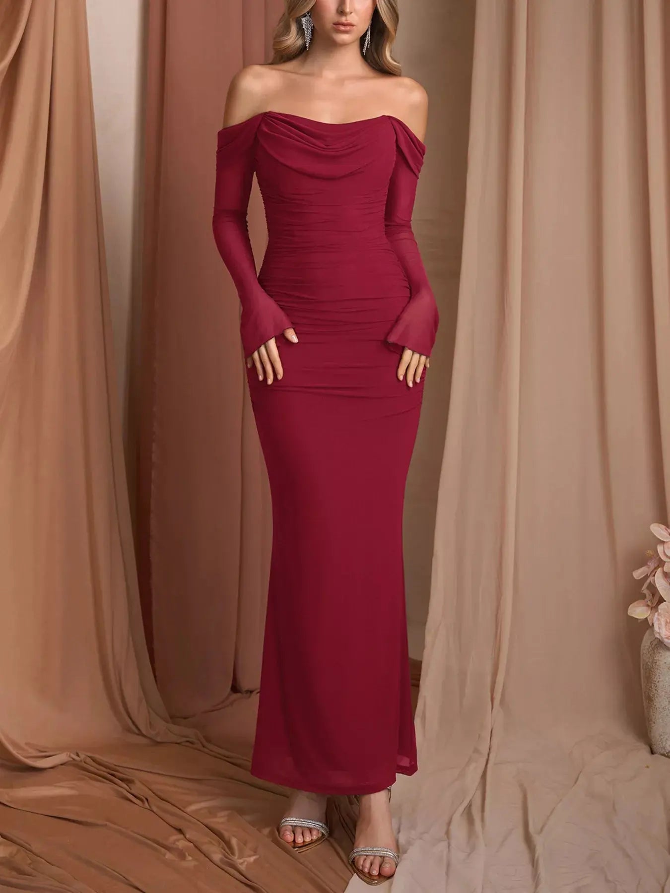 Off Shoulder Ruched Mermaid Maxi Dress Lined With Zipper Trendsi