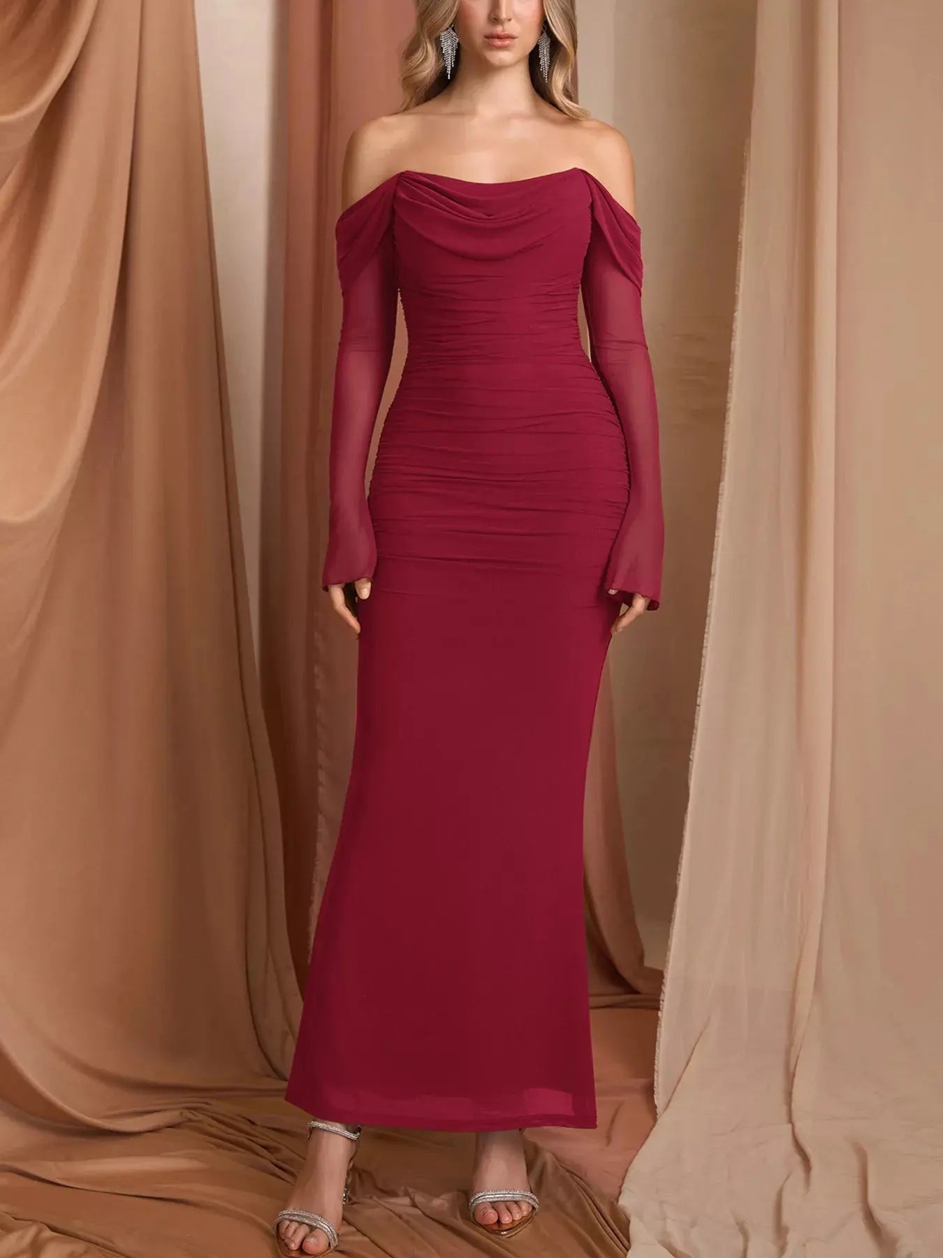 Off Shoulder Ruched Mermaid Maxi Dress Lined With Zipper Trendsi