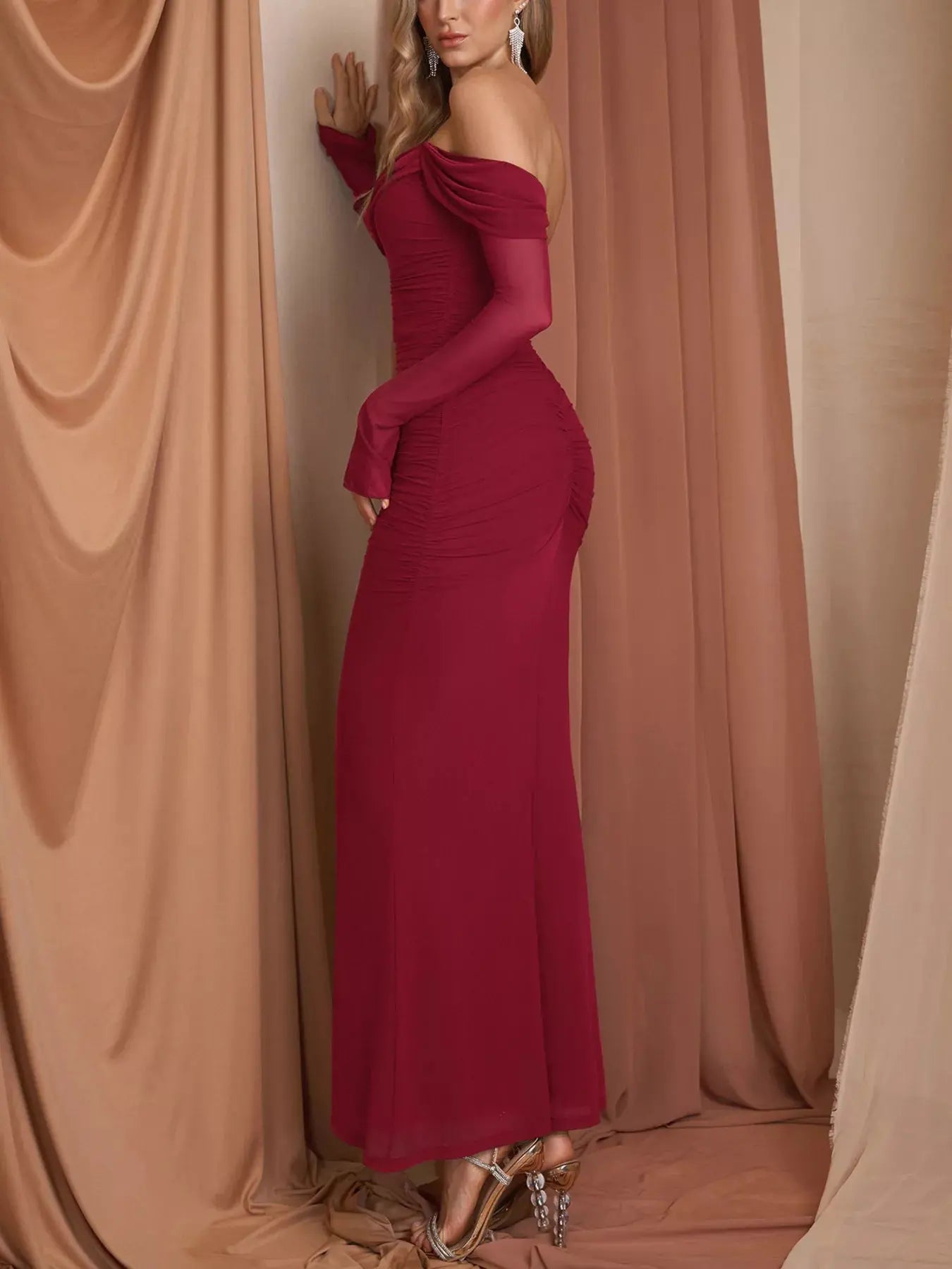 Off Shoulder Ruched Mermaid Maxi Dress Lined With Zipper Trendsi