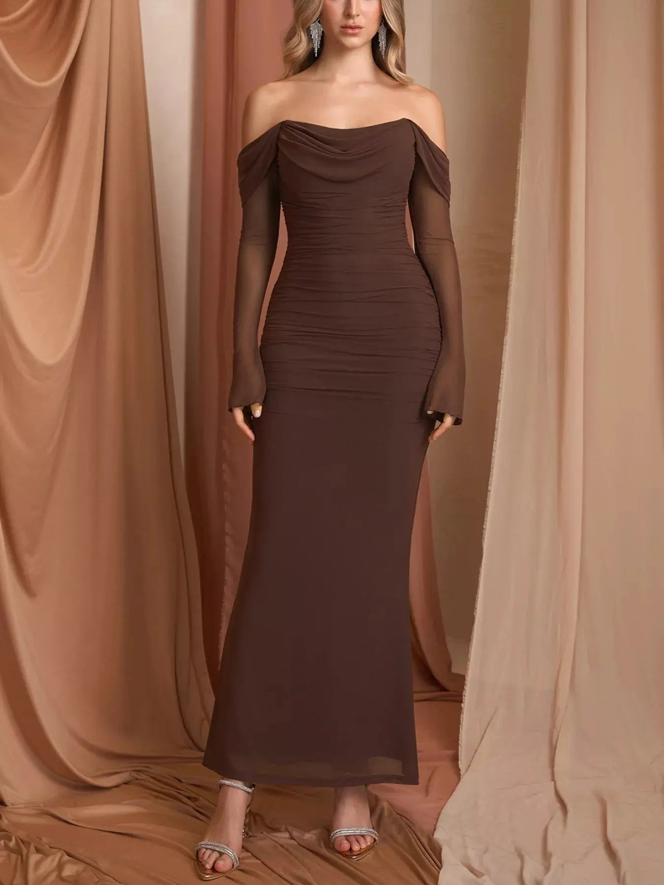 Off Shoulder Ruched Mermaid Maxi Dress Lined With Zipper Trendsi