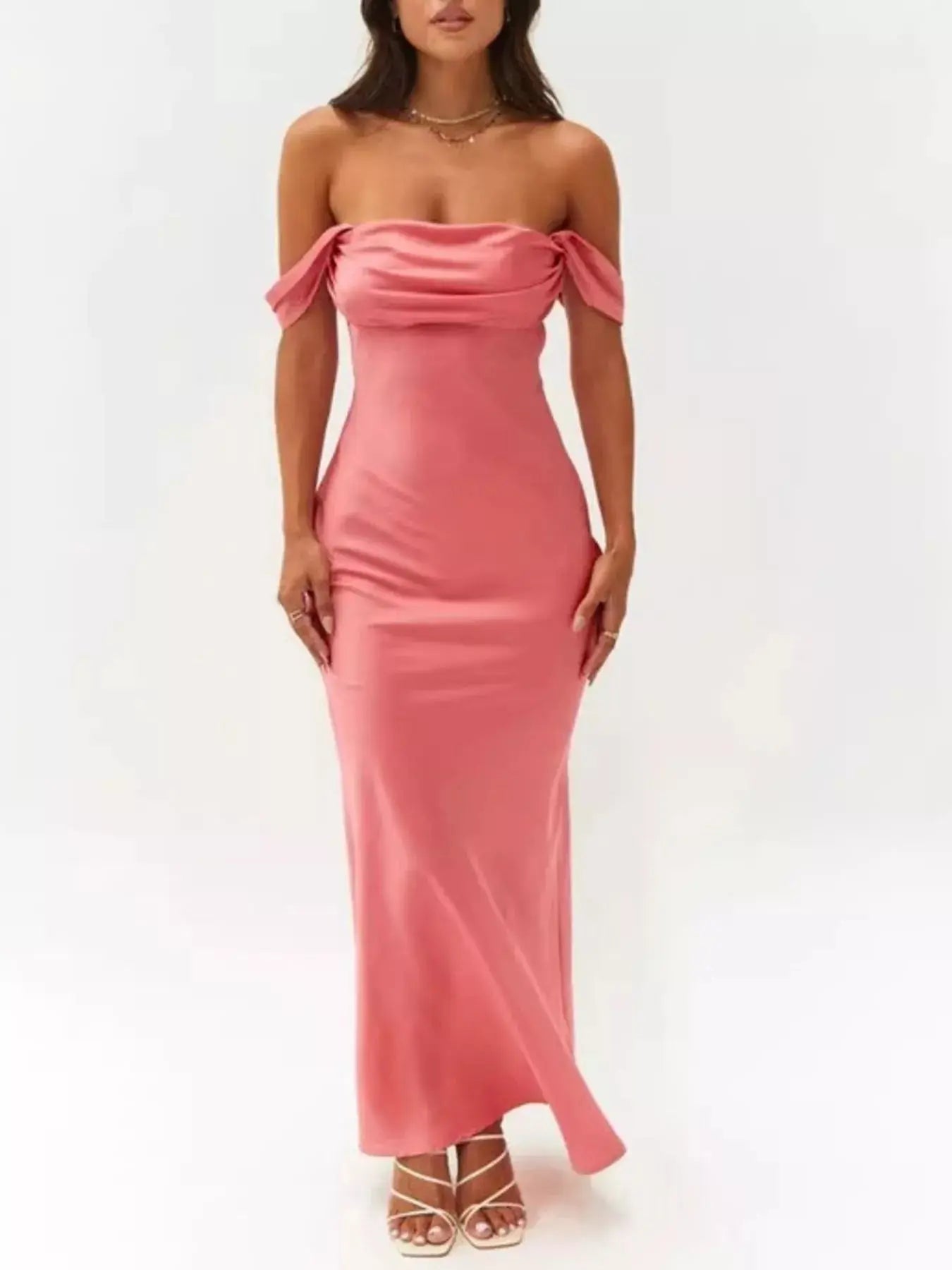 Off Shoulder Satin Maxi Dress For Women 100 Percent Polyester Evening Gown Trendsi