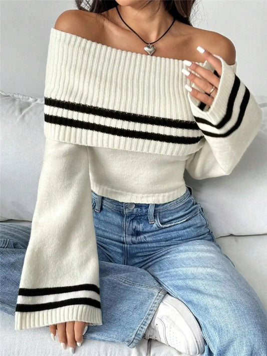 Off Shoulder Striped Flare Sleeve Knit Sweater Lightweight Stretchy Trendsi