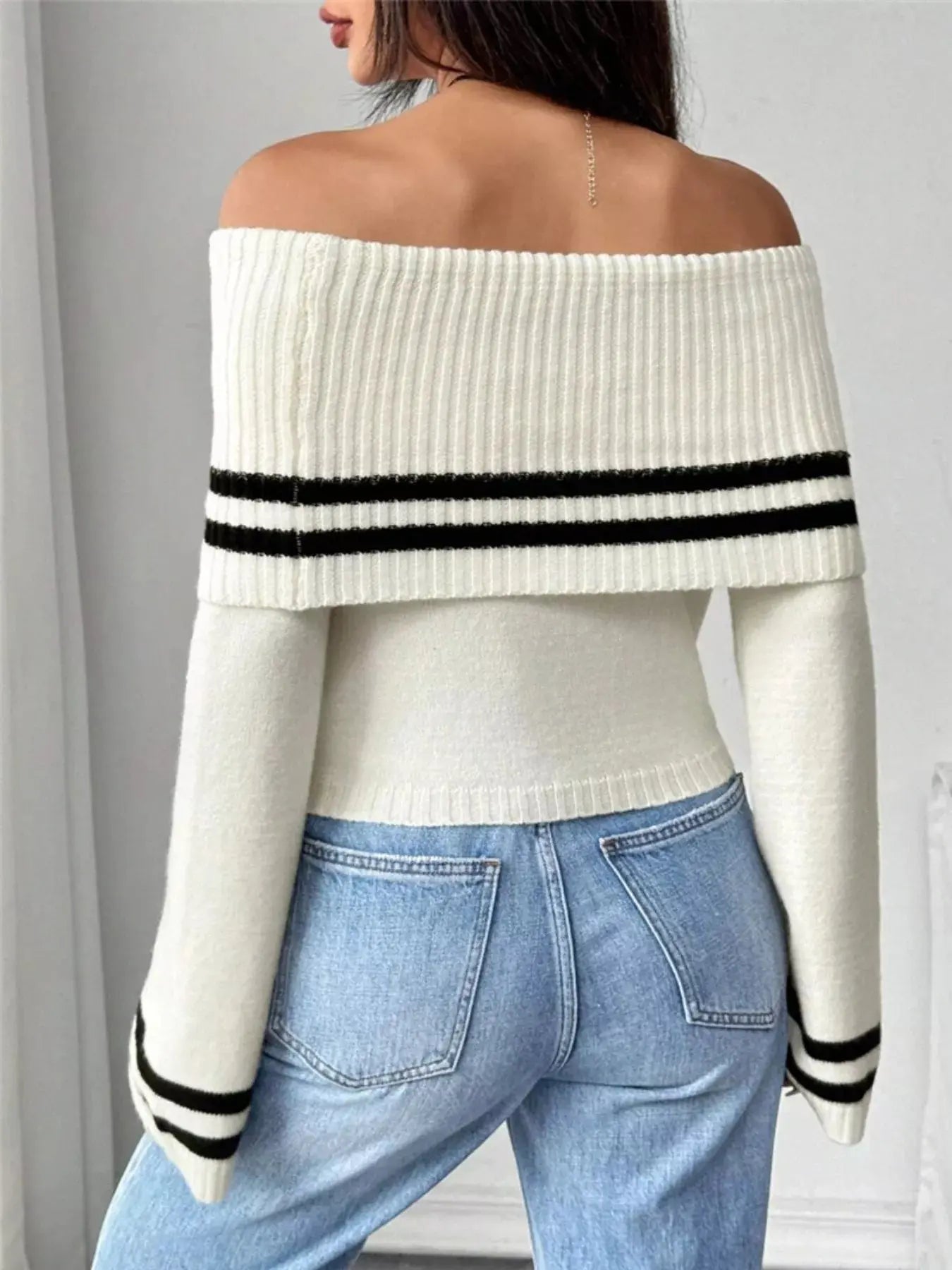 Off Shoulder Striped Flare Sleeve Knit Sweater Lightweight Stretchy Trendsi
