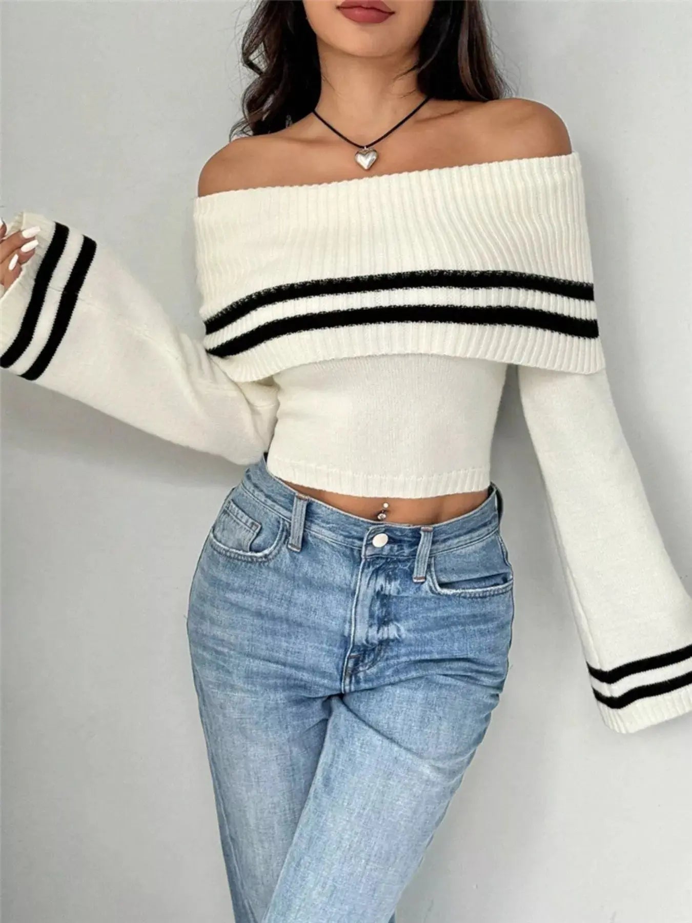 Off Shoulder Striped Flare Sleeve Knit Sweater Lightweight Stretchy Trendsi