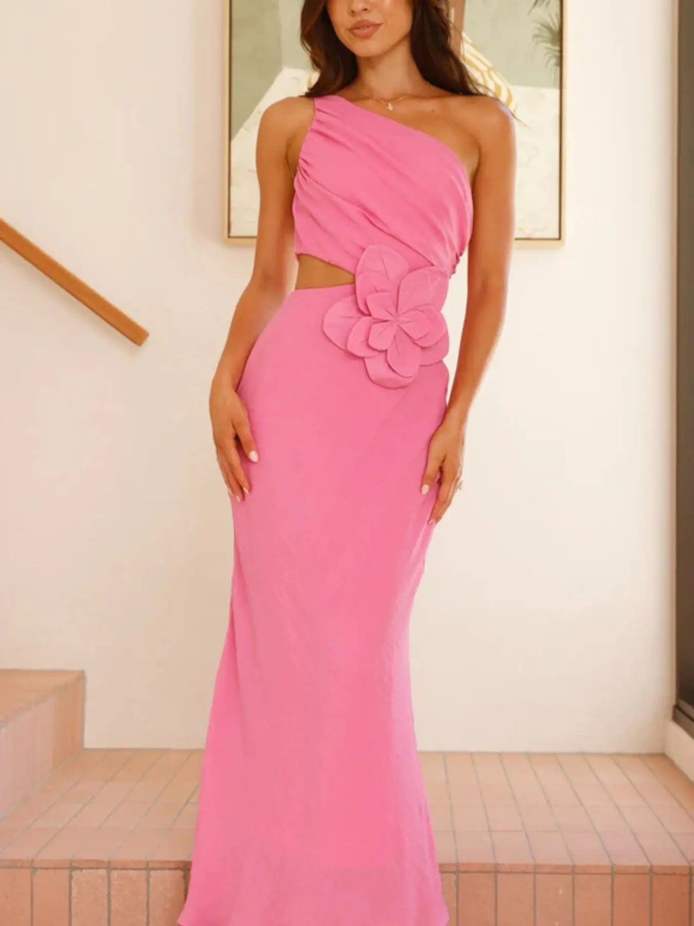 One Shoulder Floral Cutout Dress Polyester Imported Evening Wear Trendsi