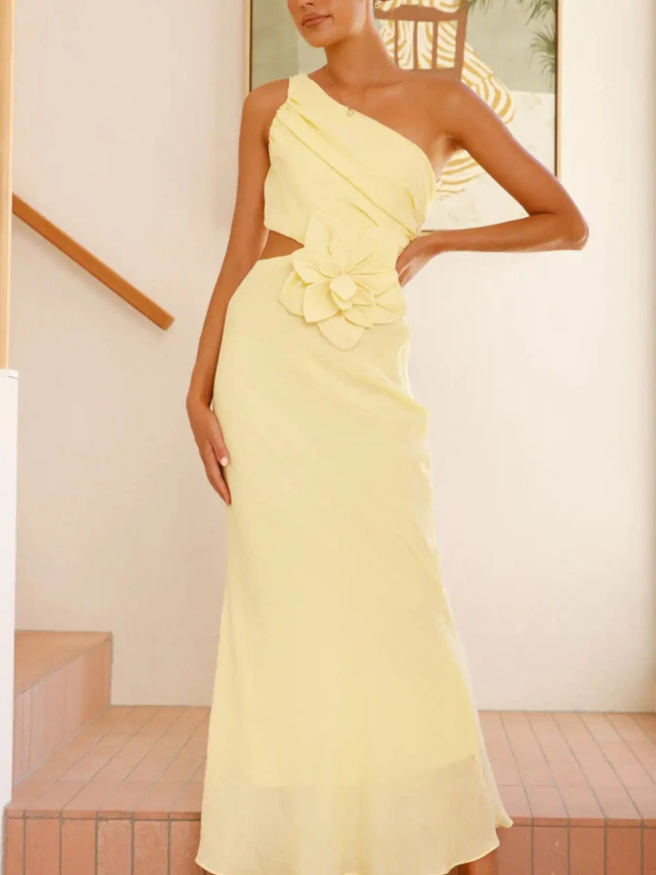 One Shoulder Floral Cutout Dress Polyester Imported Evening Wear Trendsi