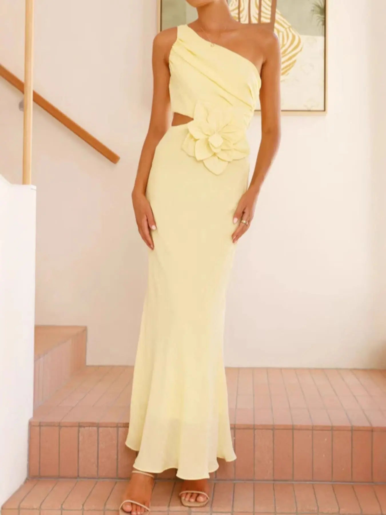 One Shoulder Floral Cutout Dress Polyester Imported Evening Wear Trendsi