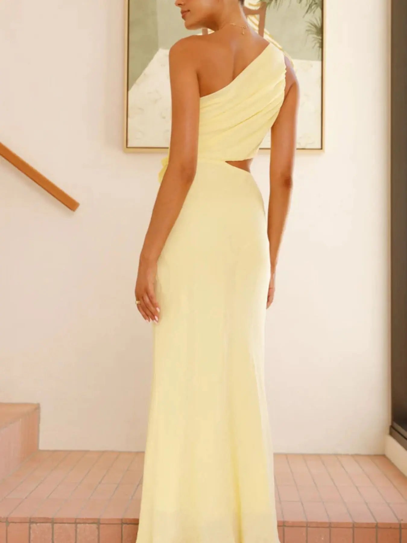 One Shoulder Floral Cutout Dress Polyester Imported Evening Wear Trendsi