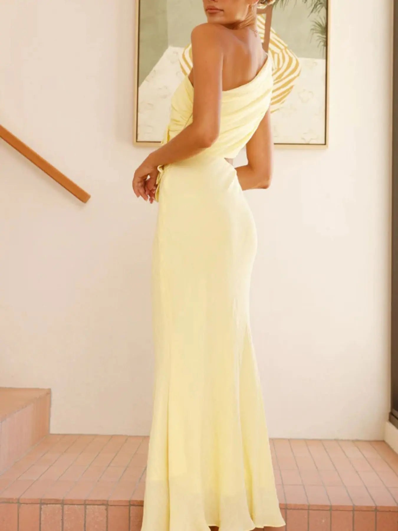 One Shoulder Floral Cutout Dress Polyester Imported Evening Wear Trendsi