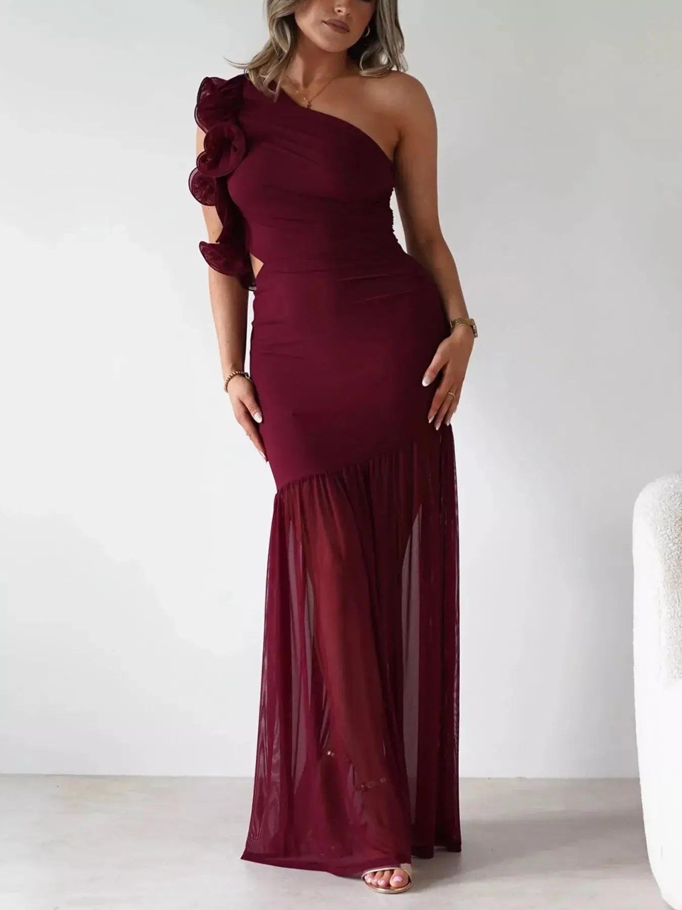 One-Shoulder Ruffle Maxi Dress with Cutout Slit Trendsi