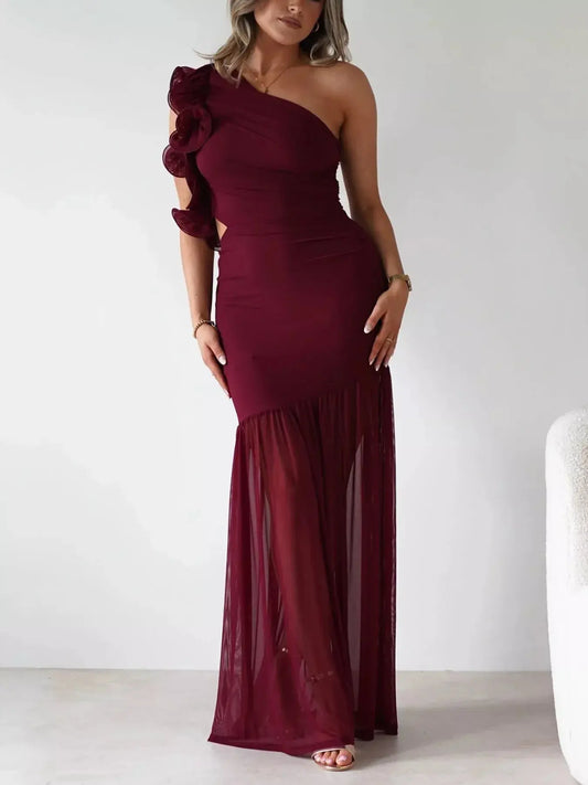 One-Shoulder Ruffle Maxi Dress with Cutout Slit Trendsi