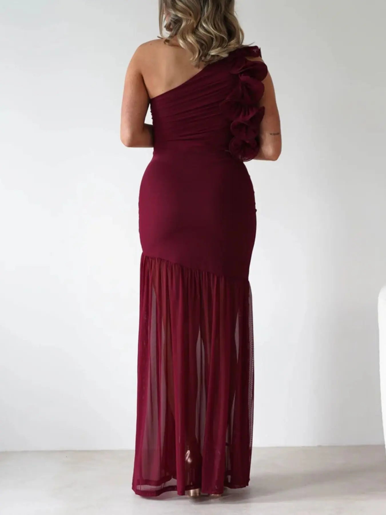 One-Shoulder Ruffle Maxi Dress with Cutout Slit Trendsi