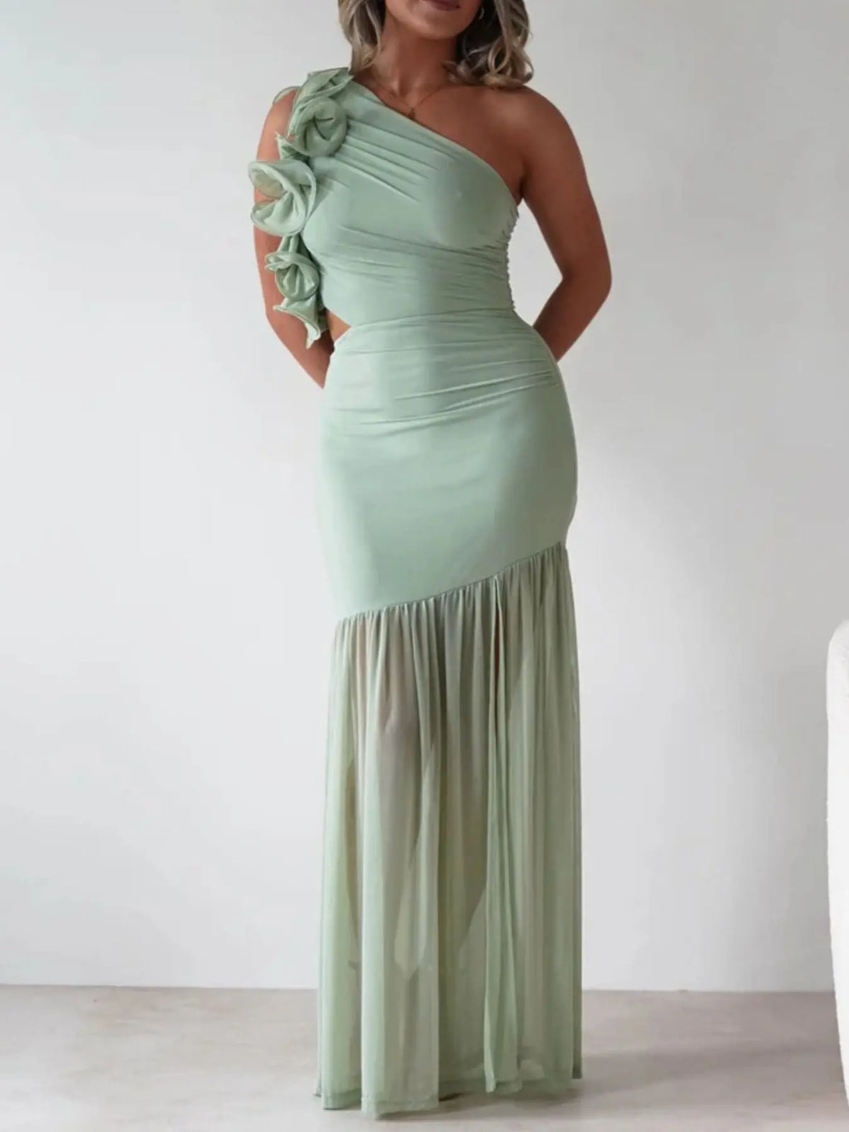 One-Shoulder Ruffle Maxi Dress with Cutout Slit Trendsi