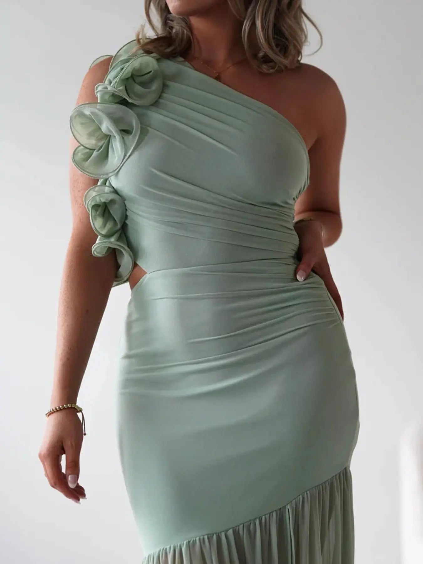 One-Shoulder Ruffle Maxi Dress with Cutout Slit Trendsi