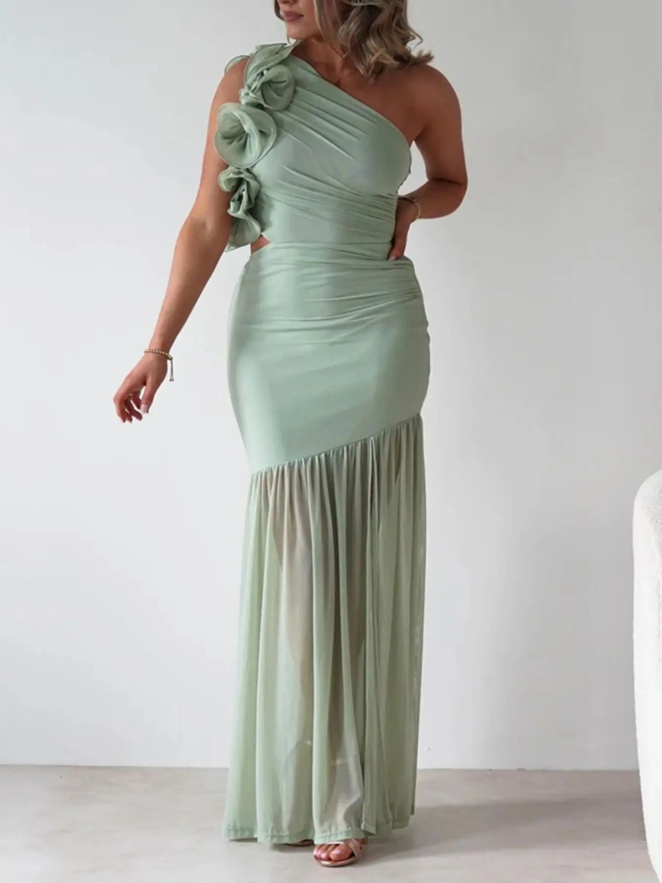 One-Shoulder Ruffle Maxi Dress with Cutout Slit Trendsi