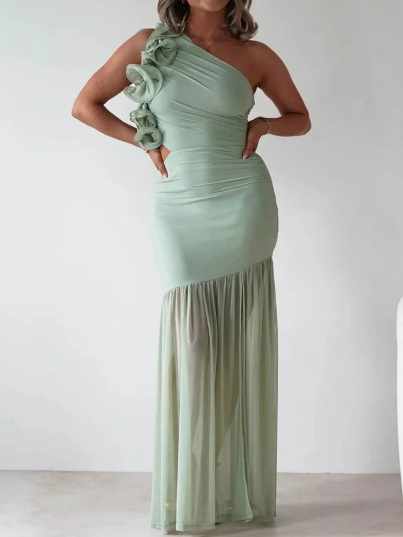 One-Shoulder Ruffle Maxi Dress with Cutout Slit Trendsi