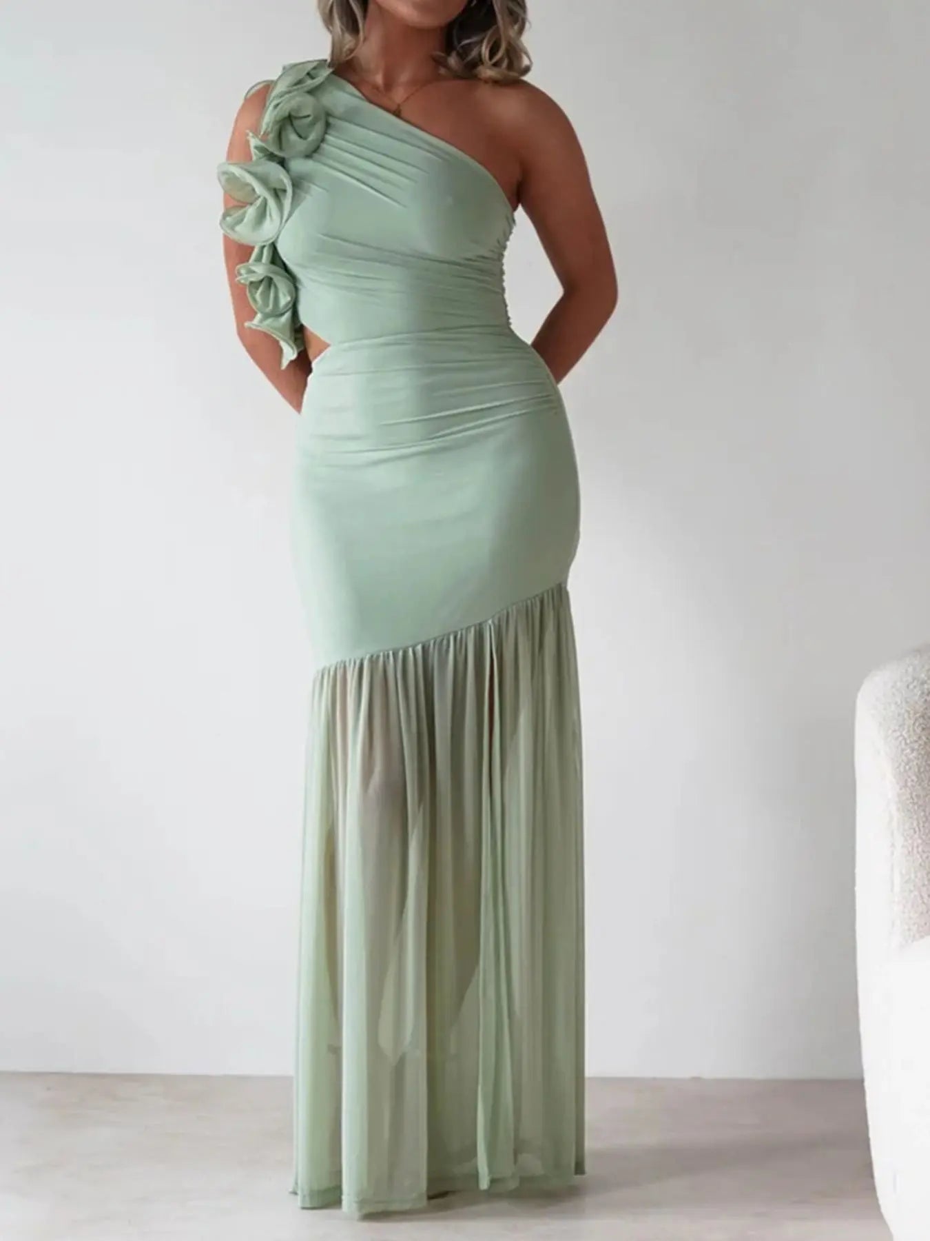 One-Shoulder Ruffle Maxi Dress with Cutout Slit Trendsi