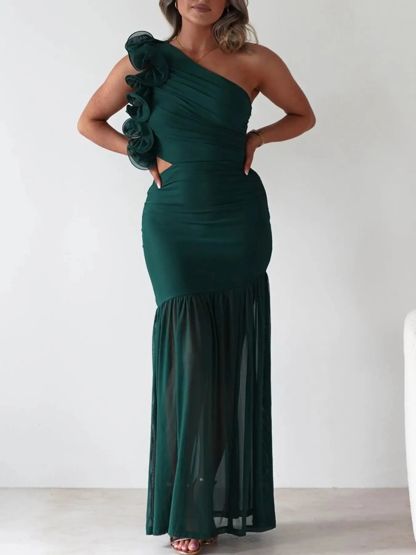 One-Shoulder Ruffle Maxi Dress with Cutout Slit Trendsi