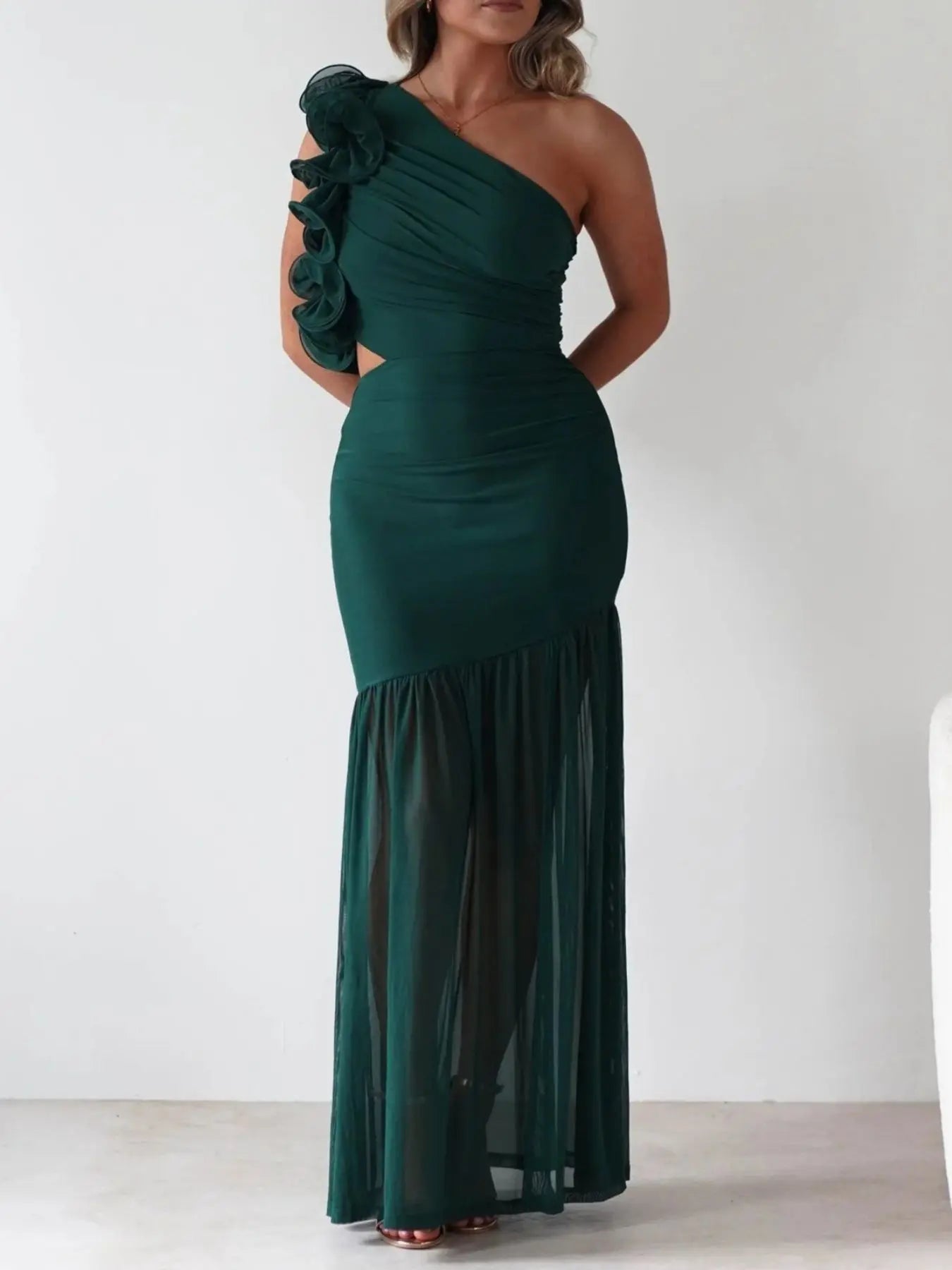 One-Shoulder Ruffle Maxi Dress with Cutout Slit Trendsi