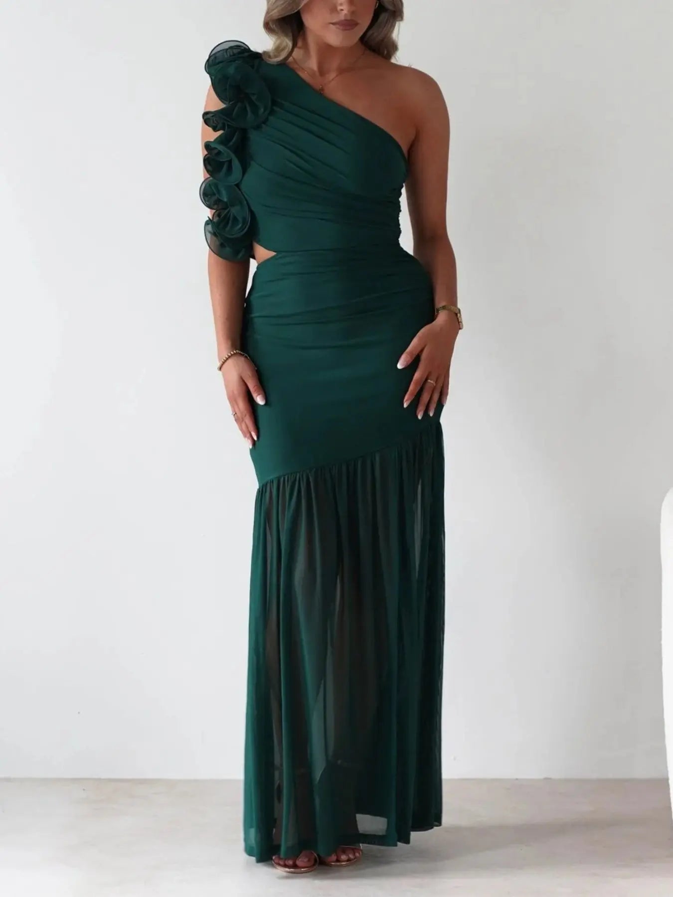 One-Shoulder Ruffle Maxi Dress with Cutout Slit Trendsi