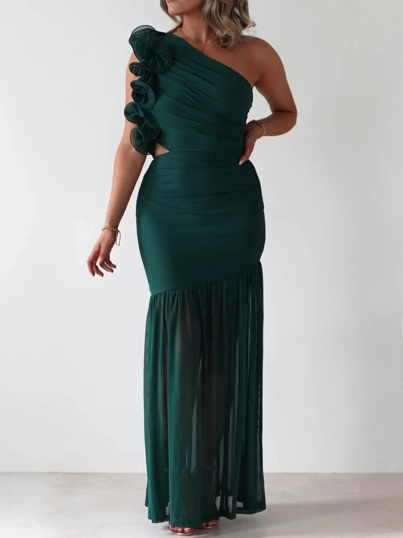 One-Shoulder Ruffle Maxi Dress with Cutout Slit Trendsi