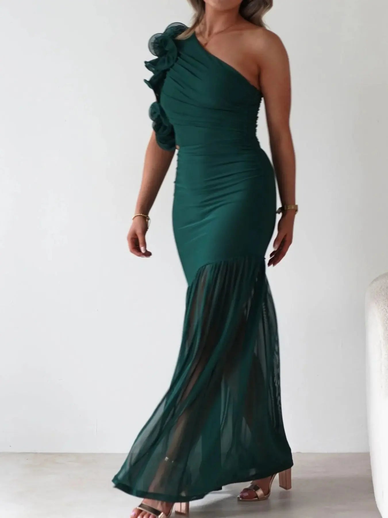 One-Shoulder Ruffle Maxi Dress with Cutout Slit Trendsi