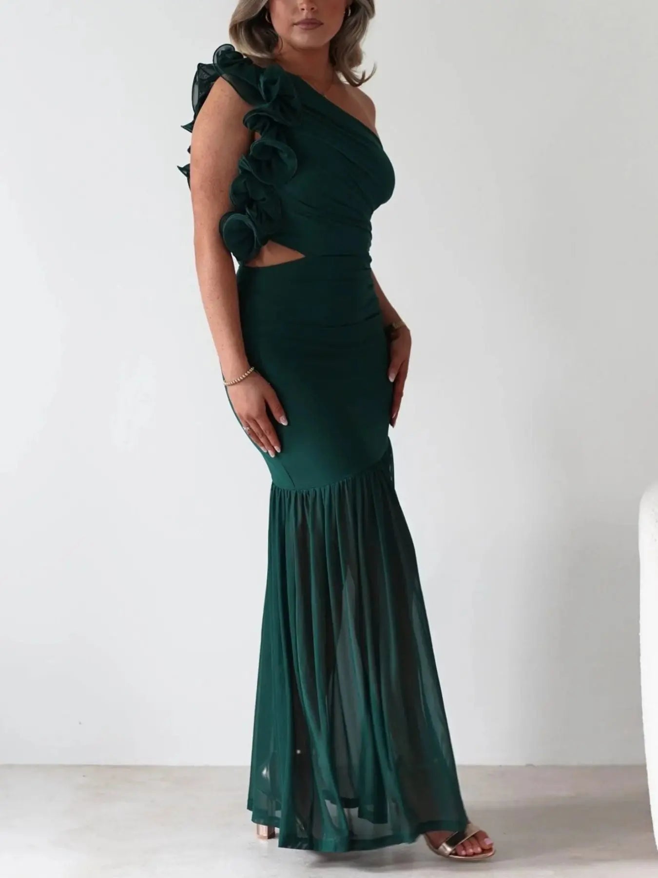 One-Shoulder Ruffle Maxi Dress with Cutout Slit Trendsi