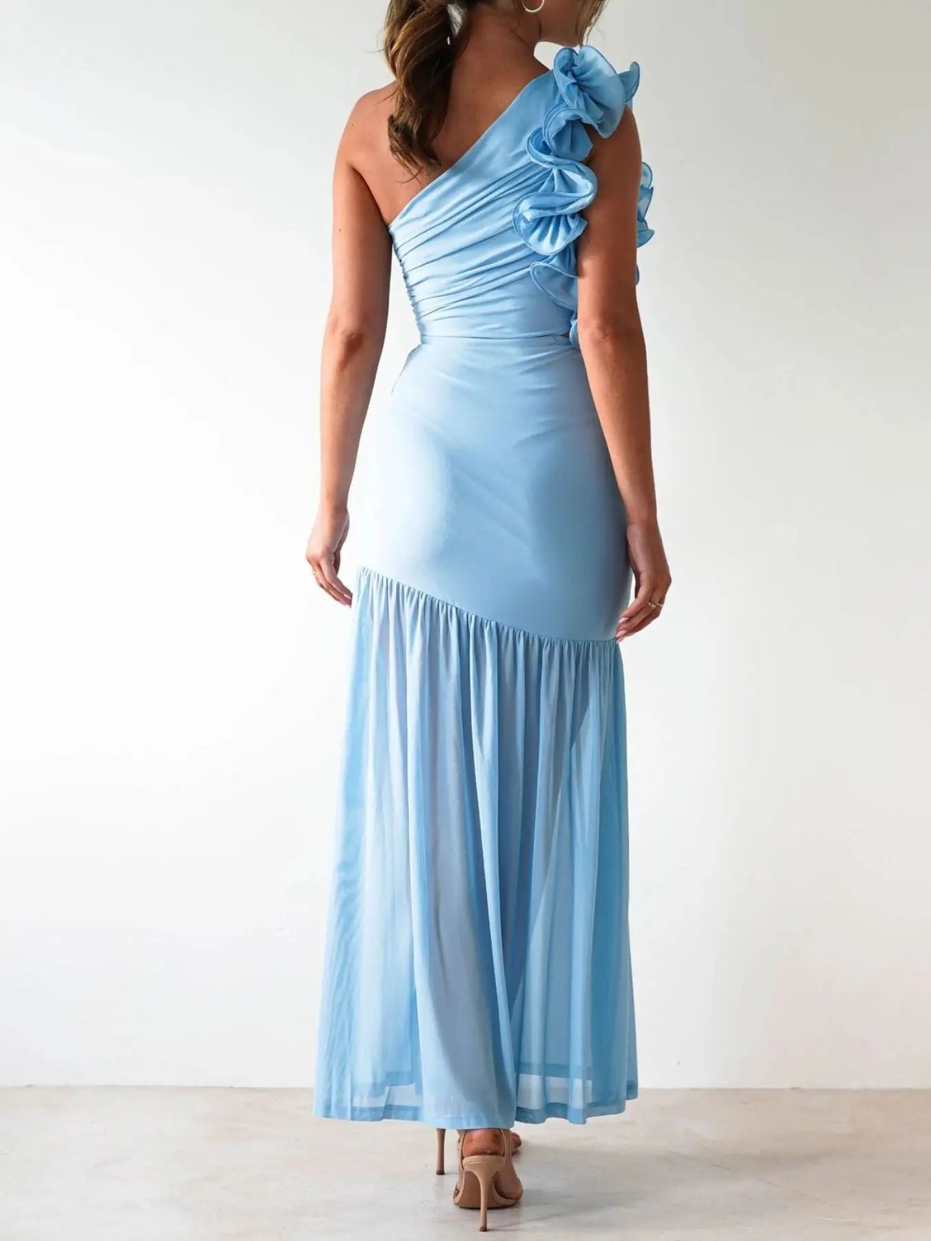 One-Shoulder Ruffle Maxi Dress with Cutout Slit Trendsi