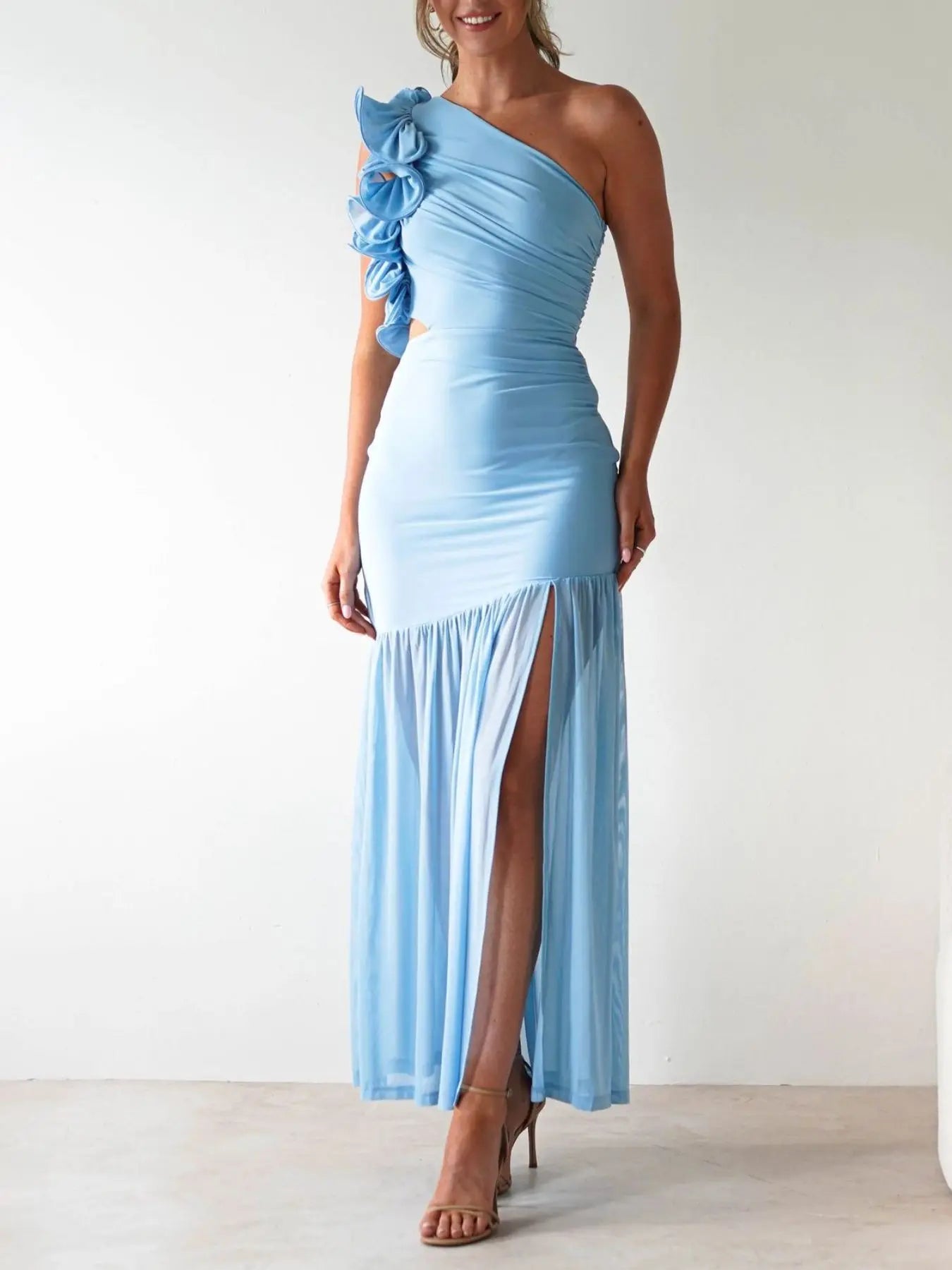One-Shoulder Ruffle Maxi Dress with Cutout Slit Trendsi