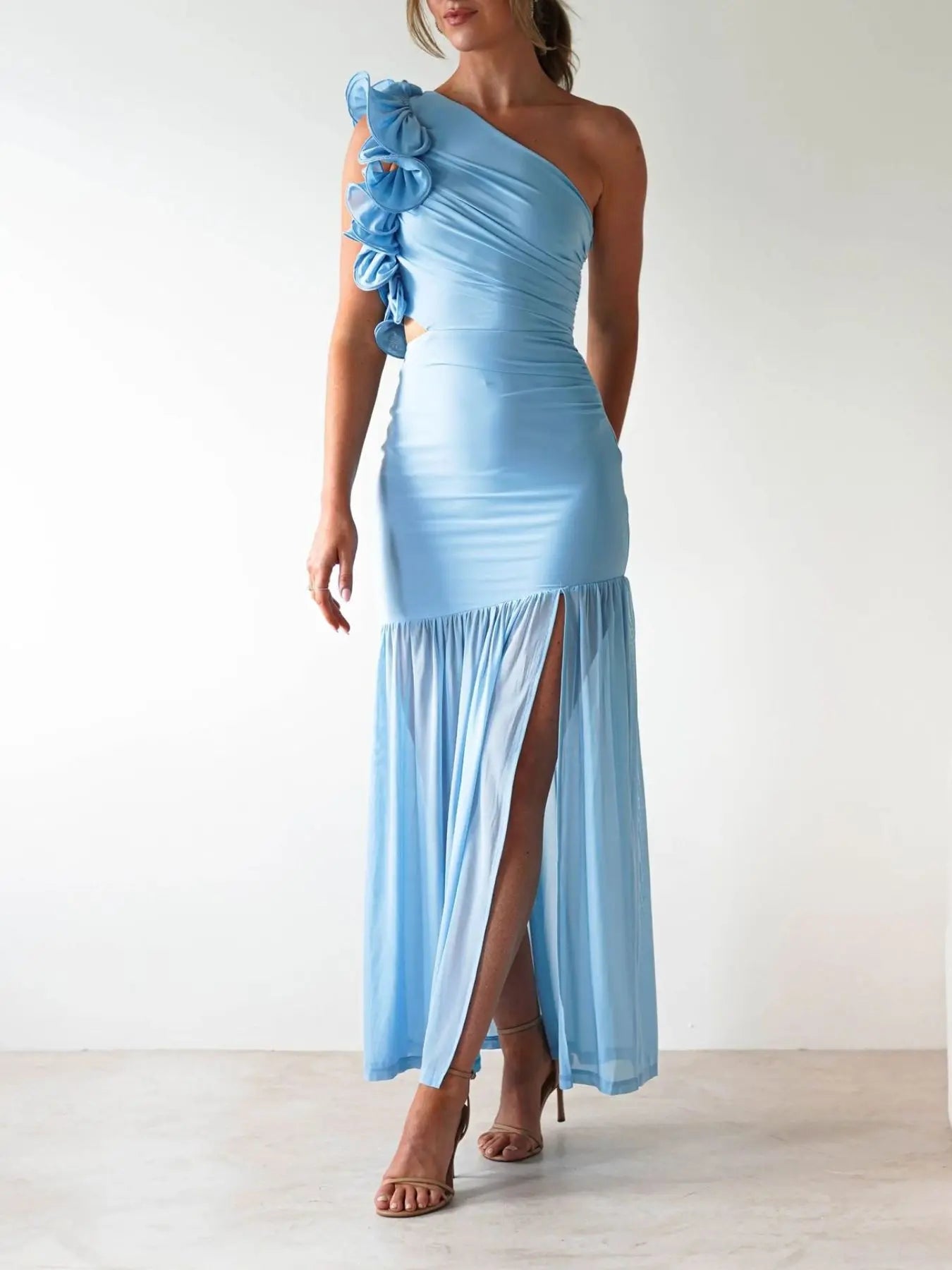 One-Shoulder Ruffle Maxi Dress with Cutout Slit Trendsi
