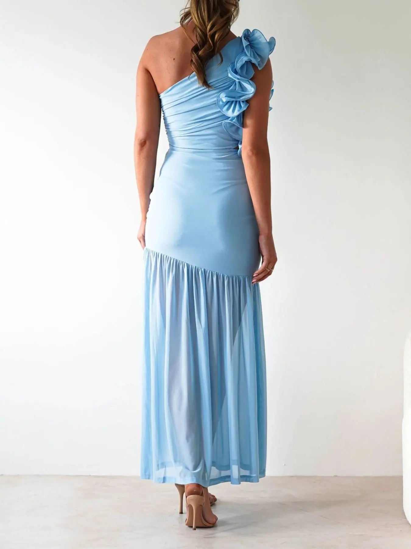 One-Shoulder Ruffle Maxi Dress with Cutout Slit Trendsi