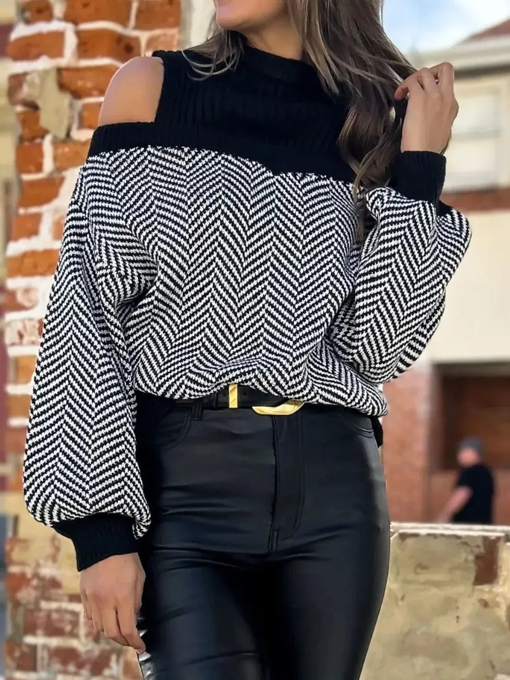 Perfee Mock Neck Cold Shoulder Sweater Trendsi