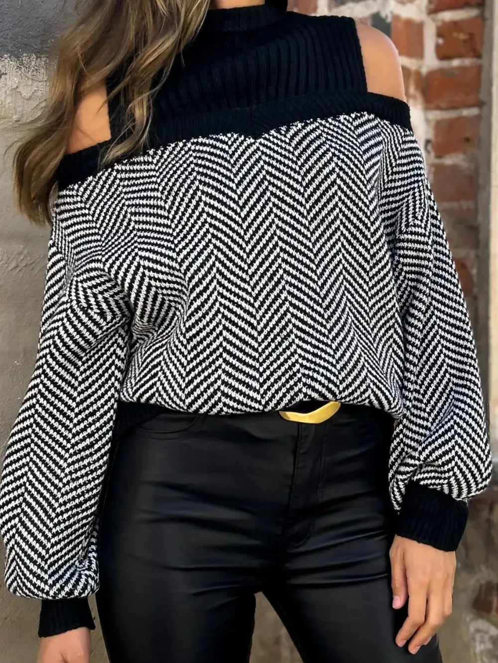 Perfee Mock Neck Cold Shoulder Sweater Trendsi