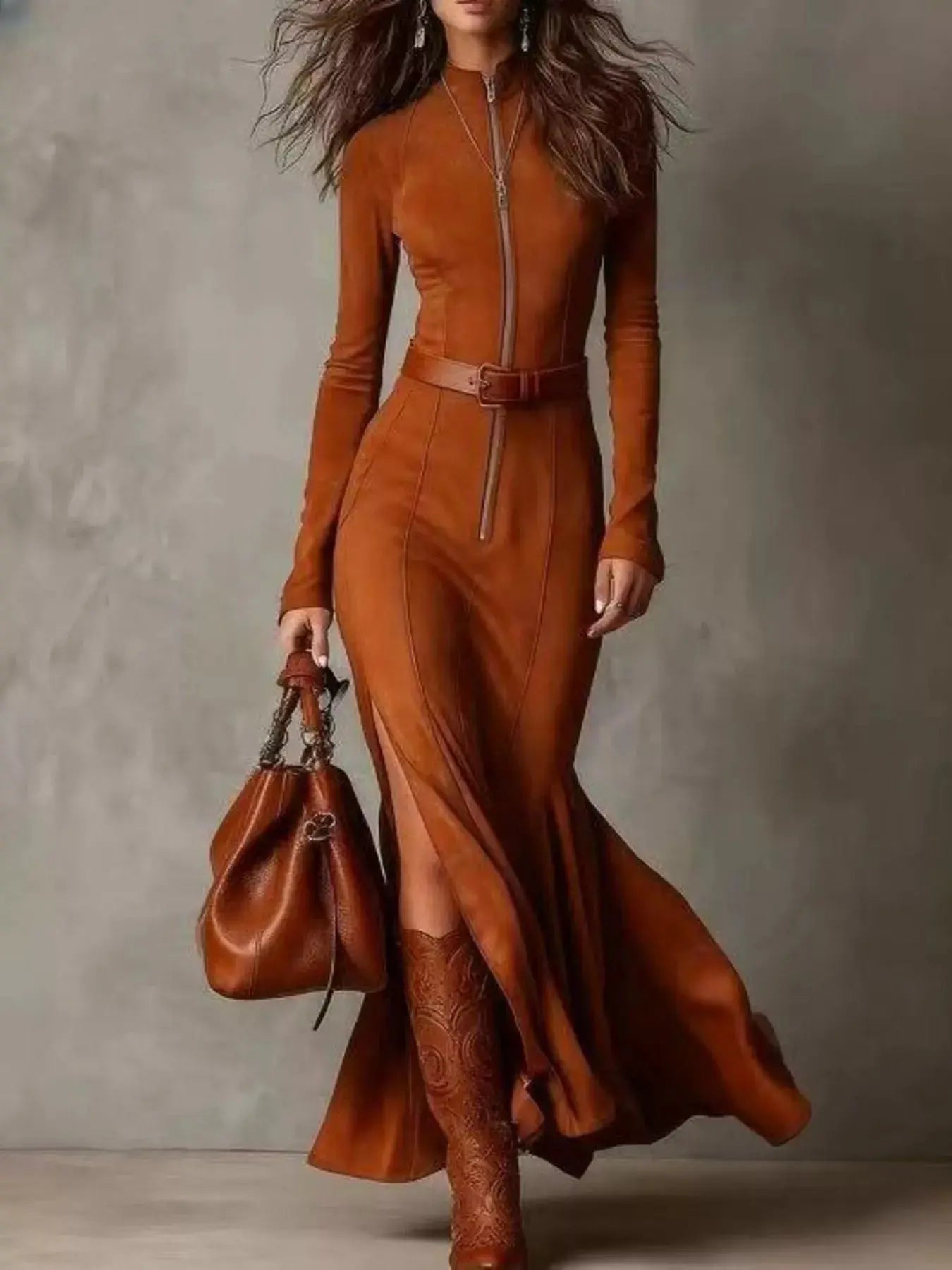 Plus Size Slit Zipper Front Maxi Dress Trendsi