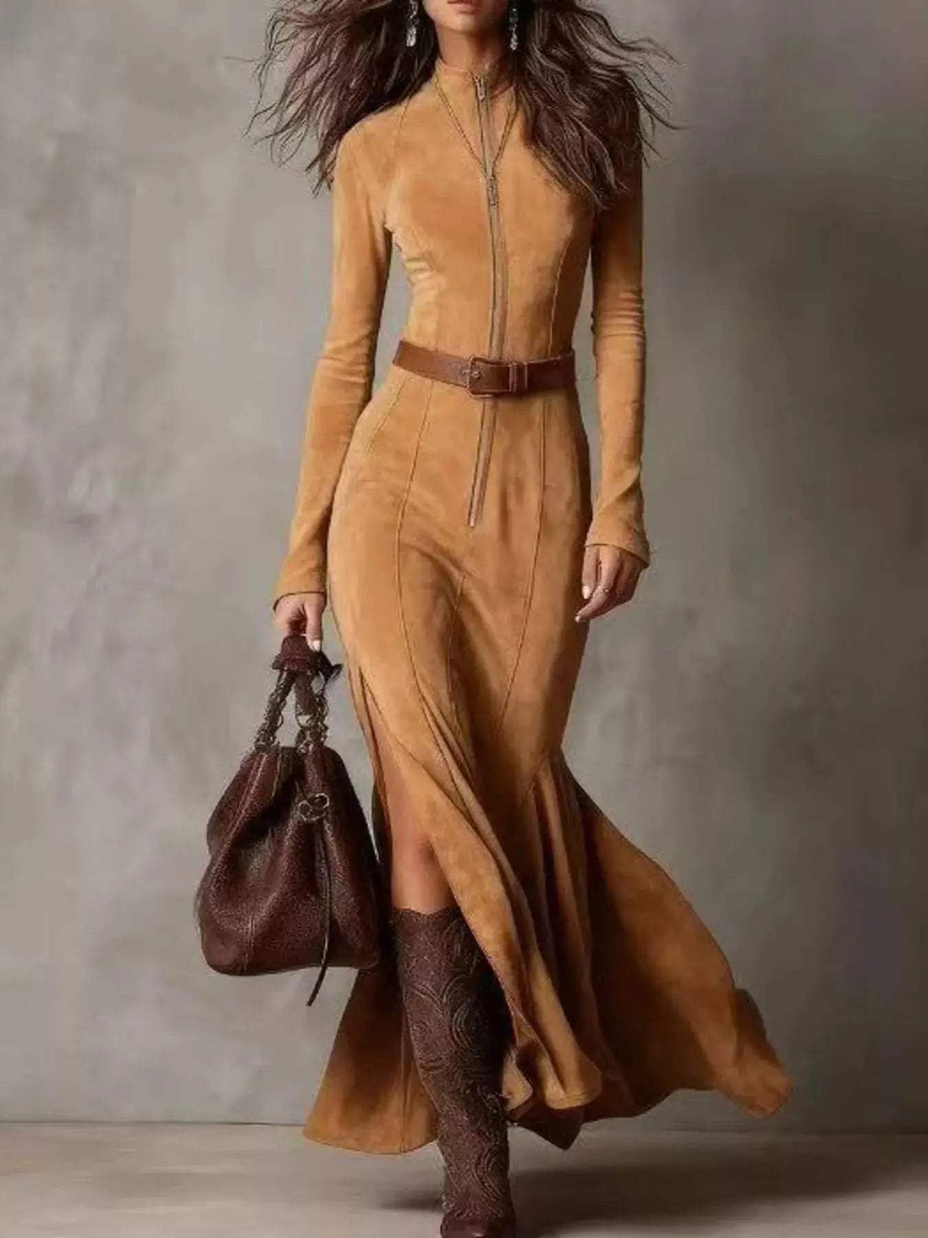 Plus Size Slit Zipper Front Maxi Dress Trendsi