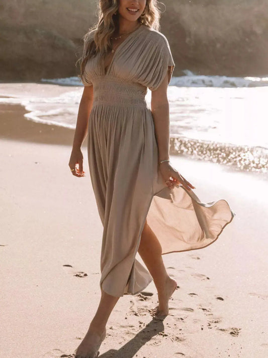 Plus Size V-Neck Smocked Waist Maxi Dress with Slit Trendsi