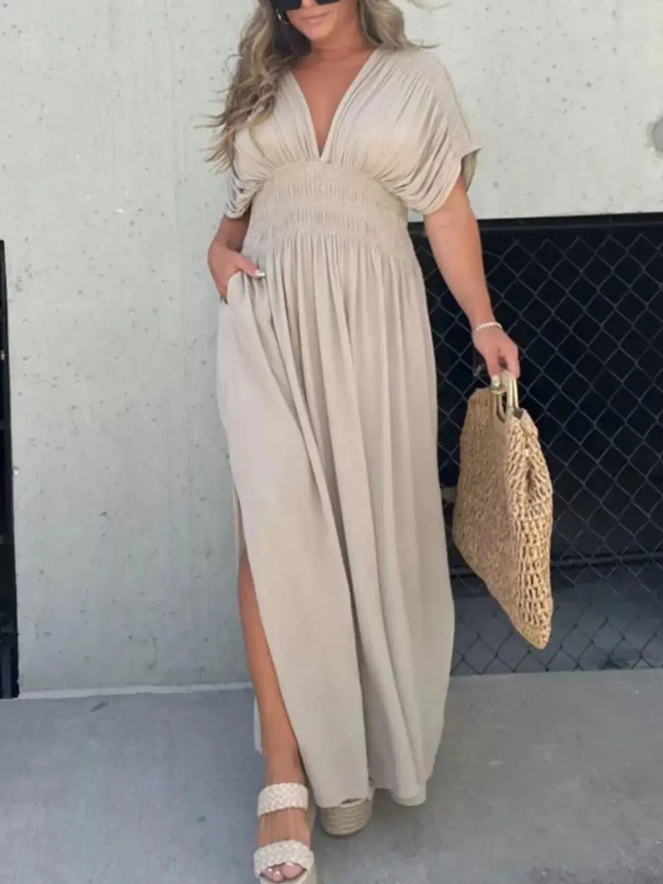 Plus Size V-Neck Smocked Waist Maxi Dress with Slit Trendsi