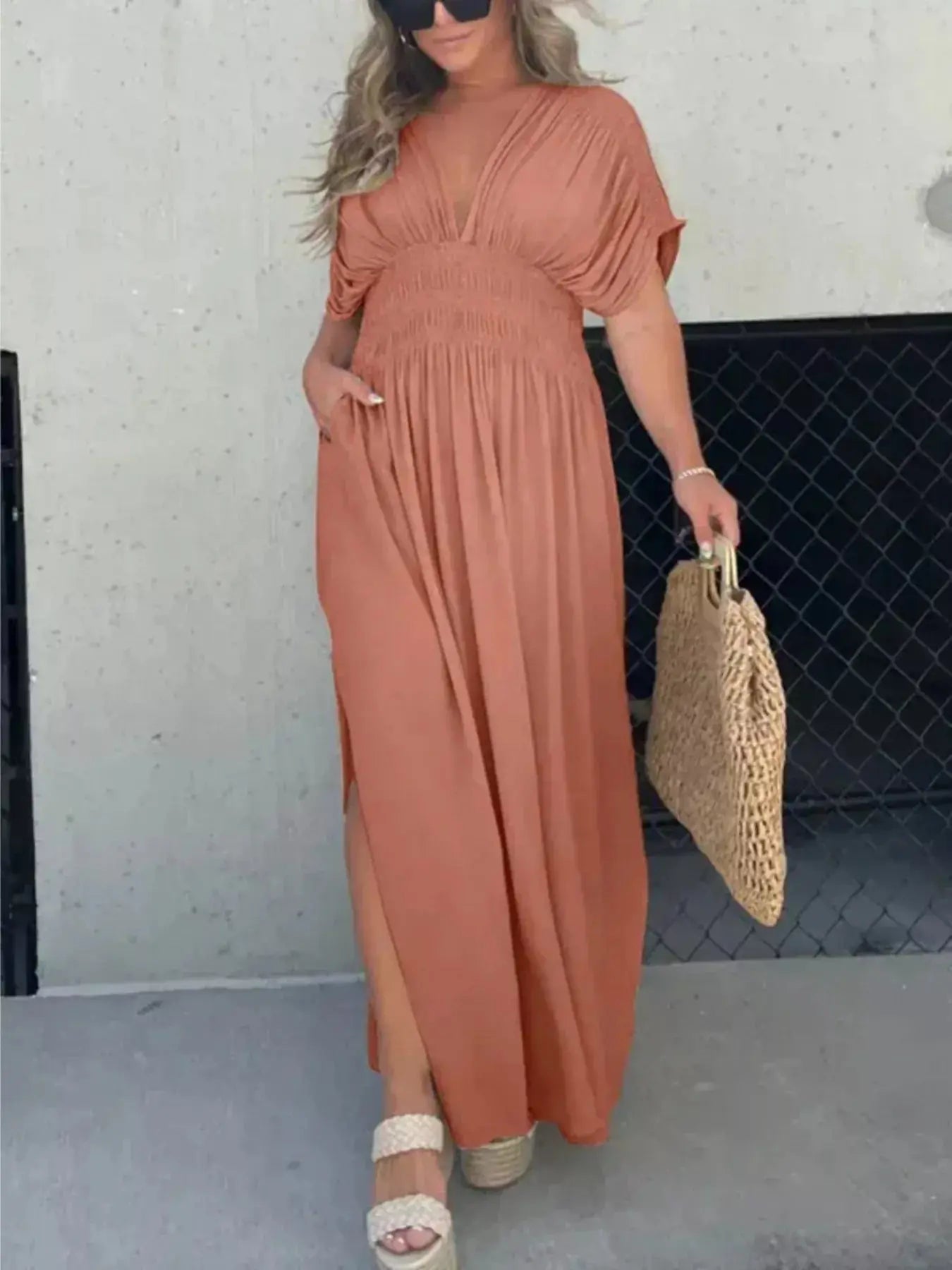 Plus Size V-Neck Smocked Waist Maxi Dress with Slit Trendsi